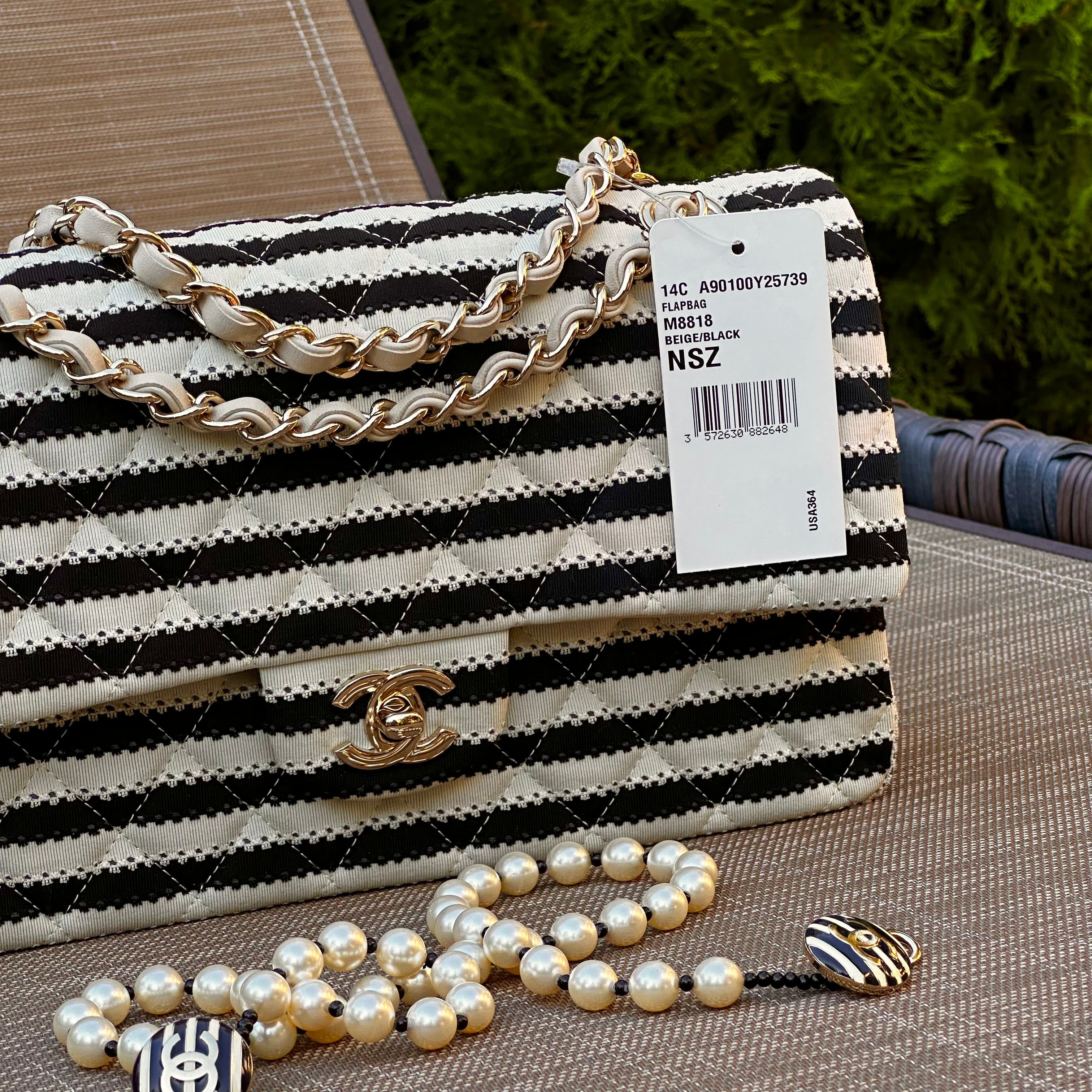 2014 Chanel Medium Flap Beige & Black Jersey LGHW