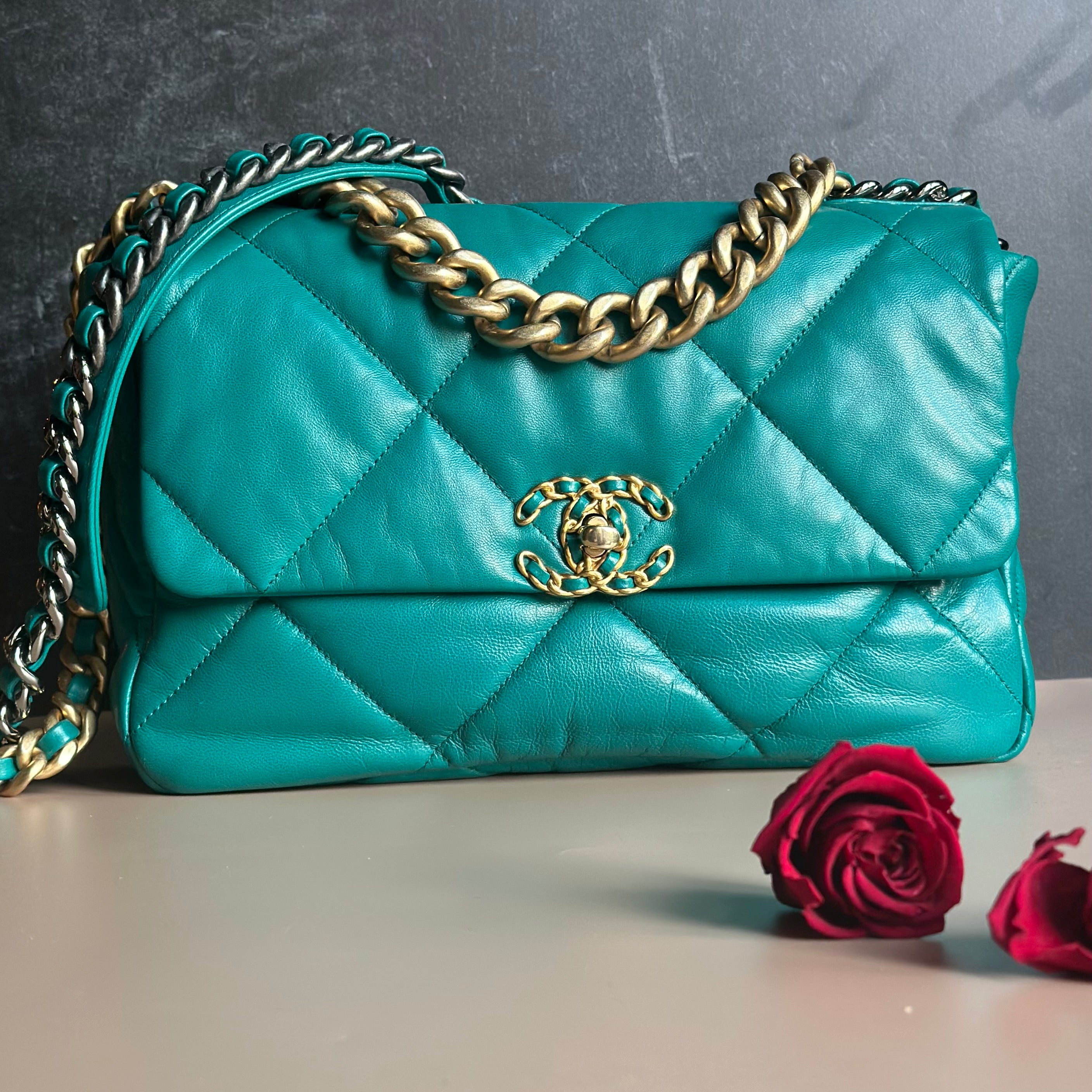 19K Medium-Large 19 Flap Dark Green Goatskin Trio Mix Hardware