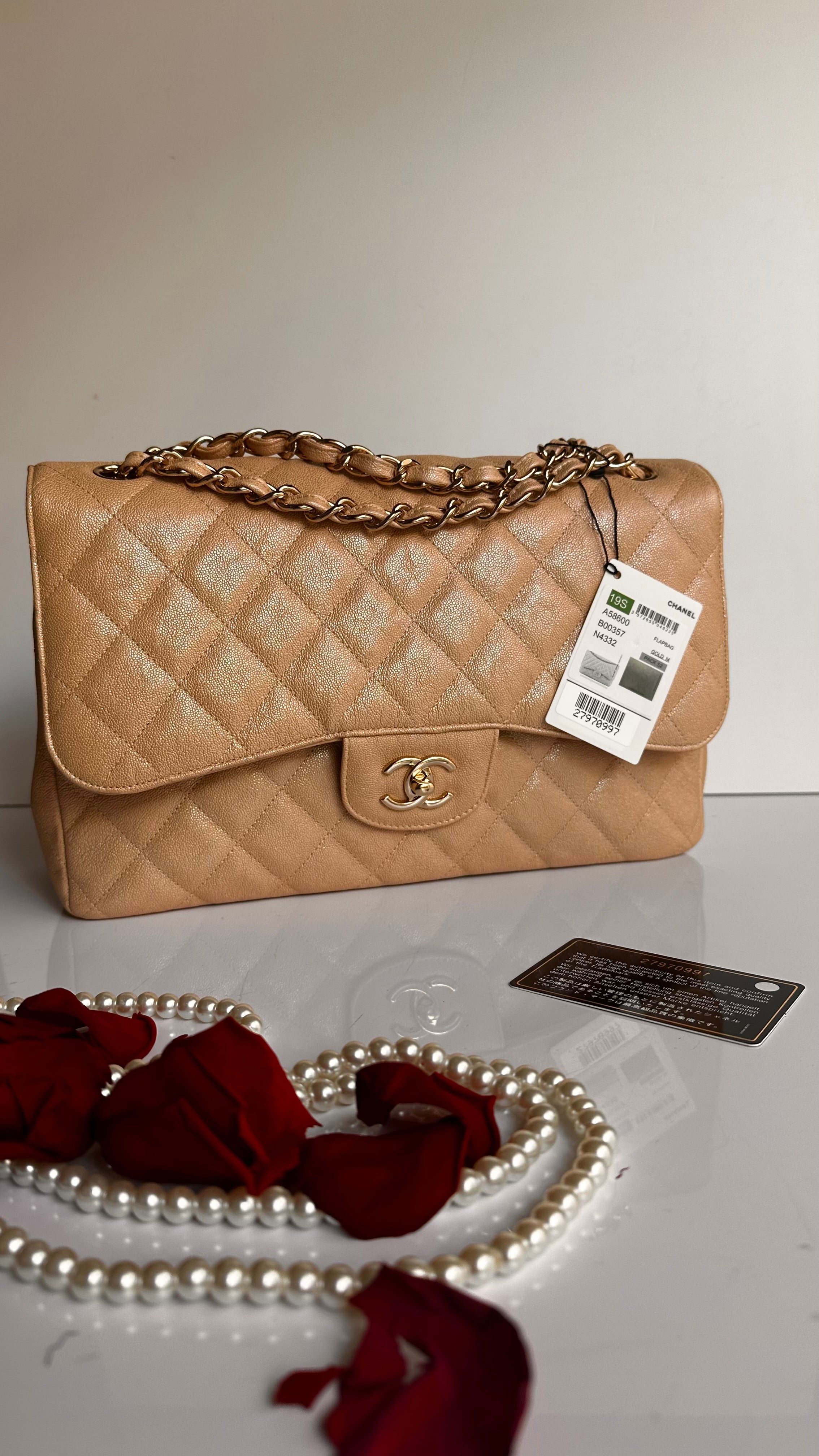 19S Chanel Timeless Classic Jumbo Iridescent Beige Caviar LGHW