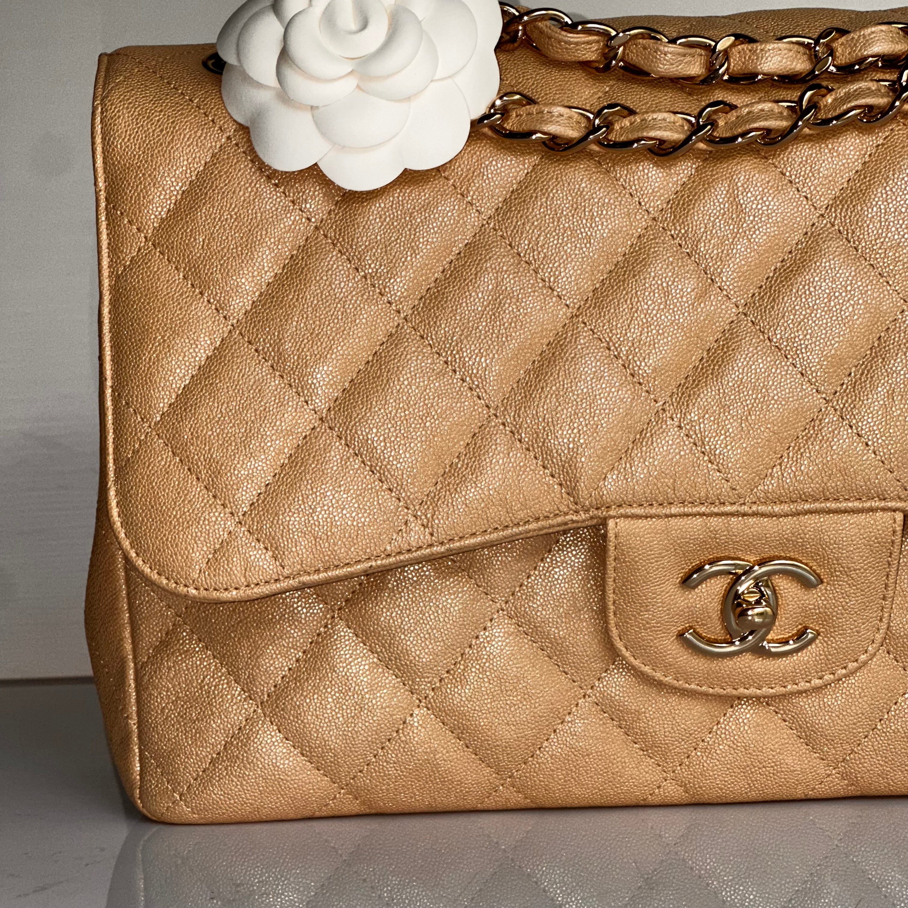19S Chanel Timeless Classic Jumbo Iridescent Beige Caviar LGHW