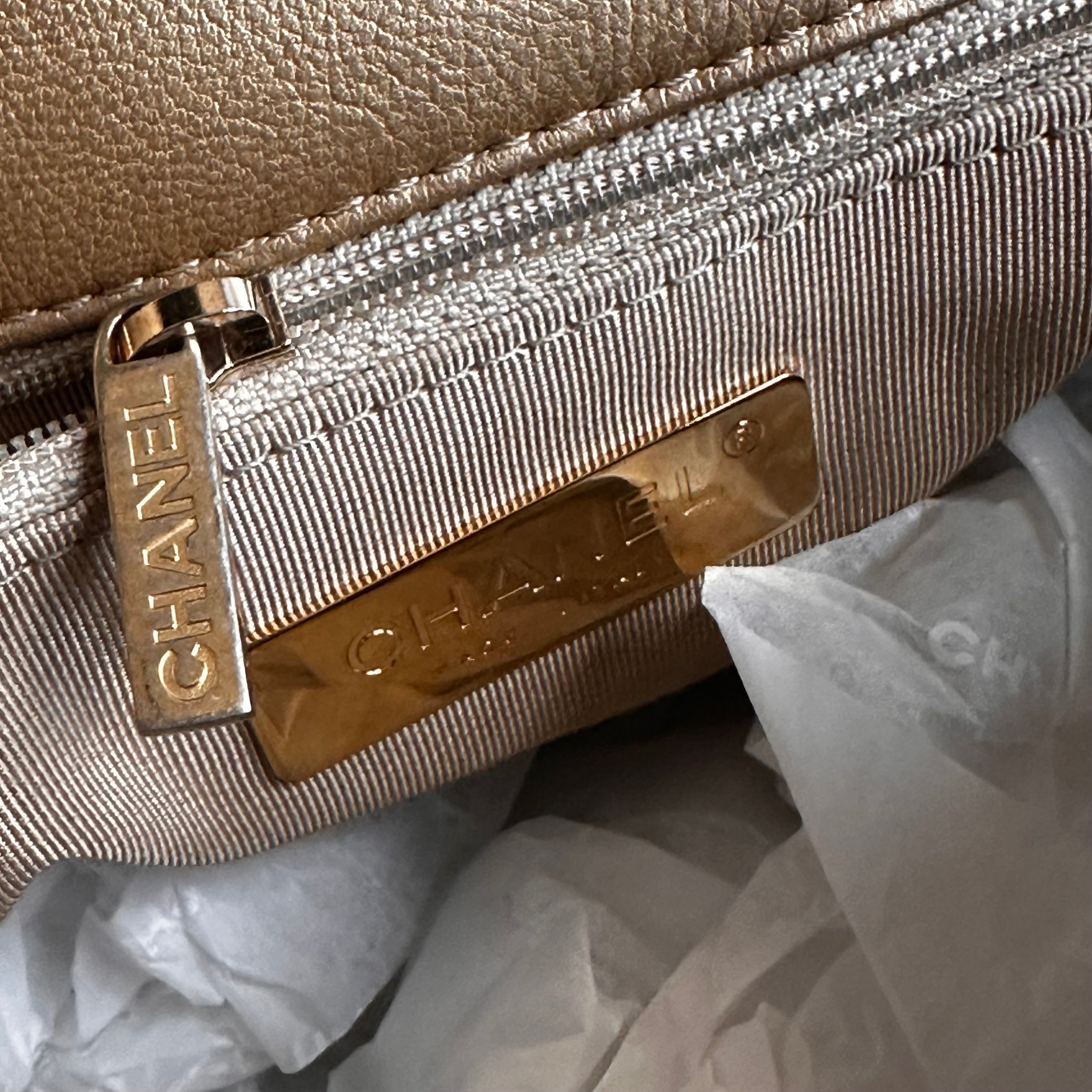 20B Chanel Medium-Large 19 Flap Metallic Gold Goatskin Mix Hardware and Cotton Linings
