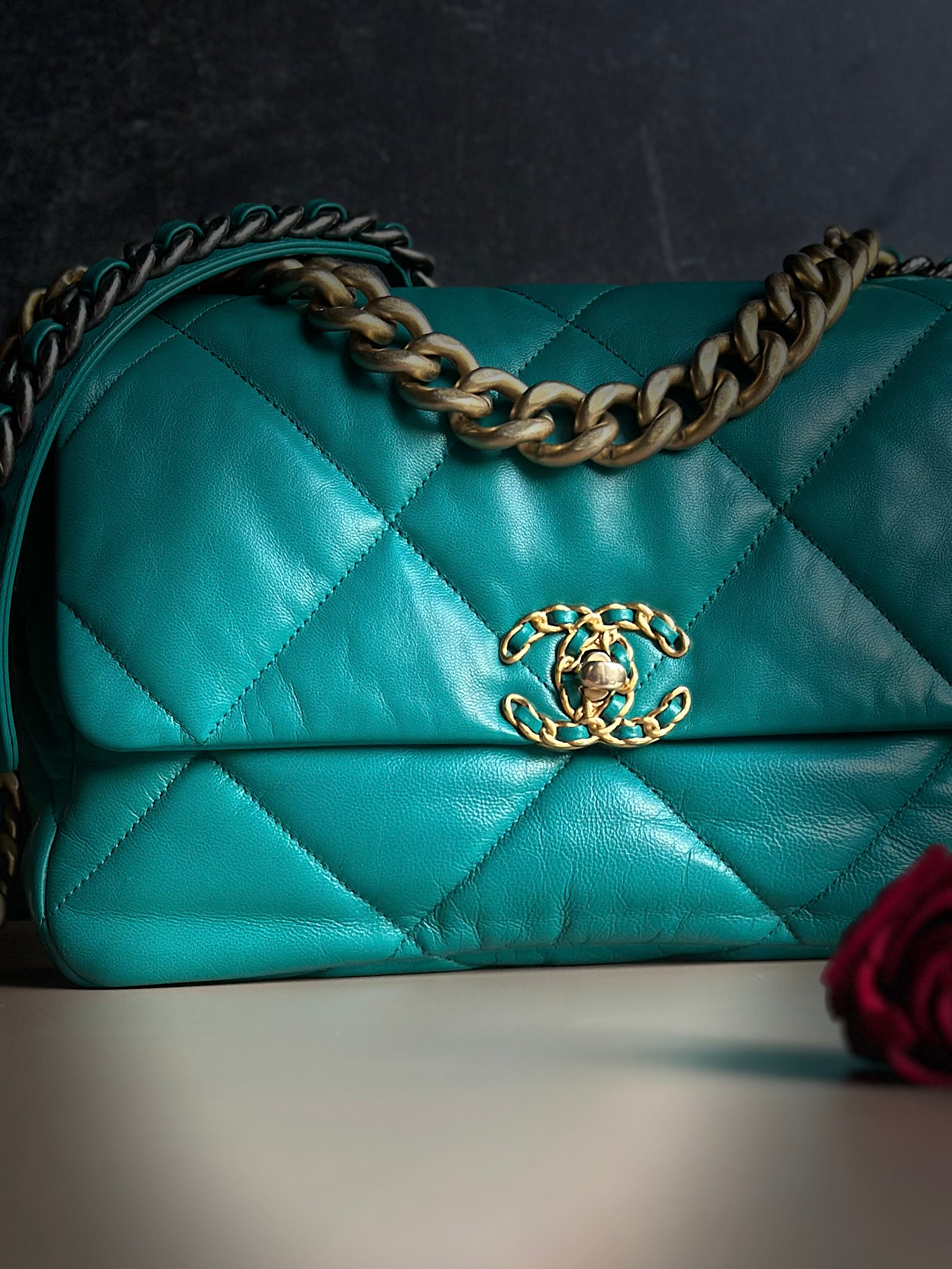 19K Medium-Large 19 Flap Dark Green Goatskin Trio Mix Hardware