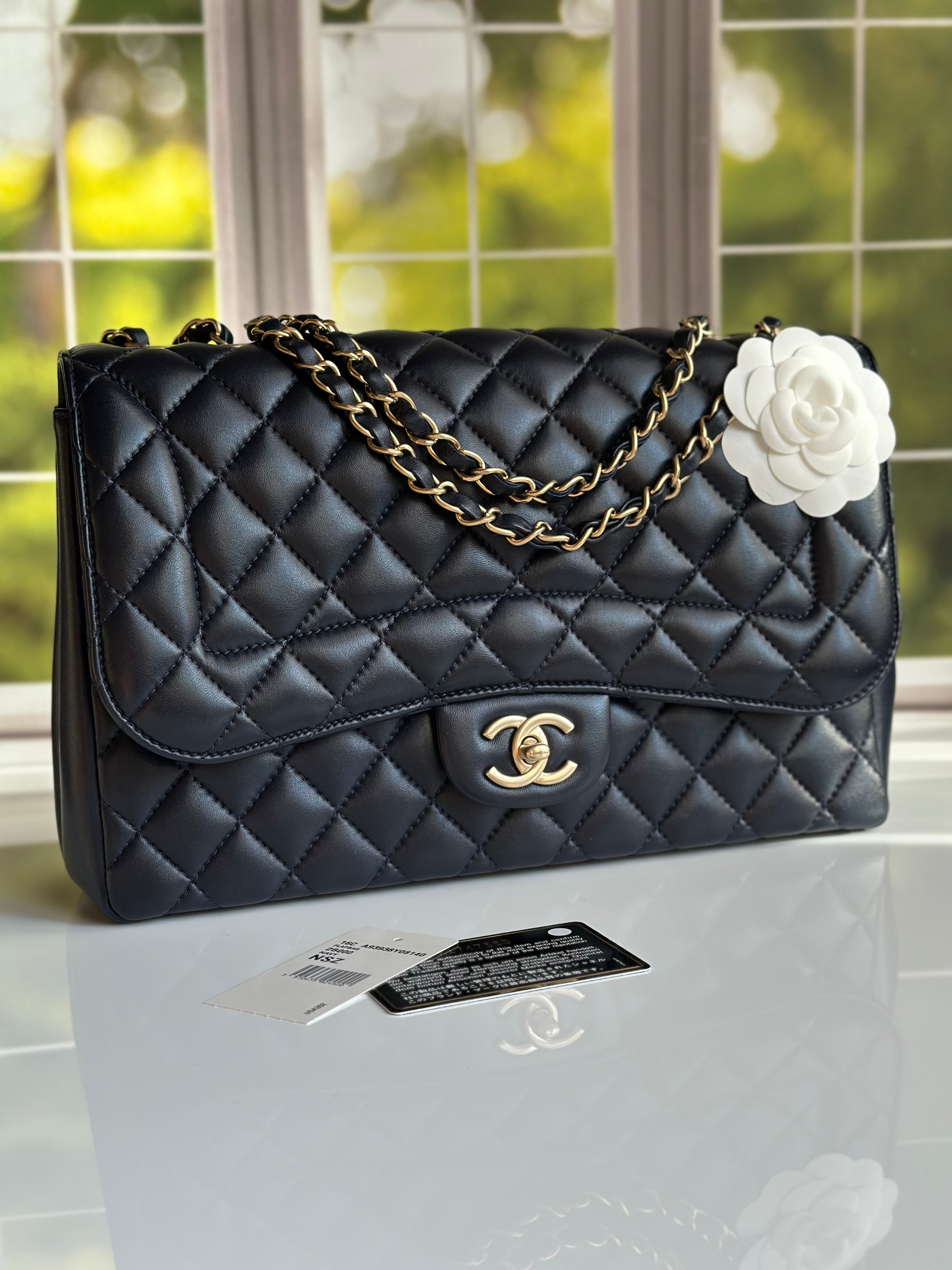 2016 Chanel Mademoiselle Chic Flap Navy Blue Lambskin and Satin Aged Gold Hardware