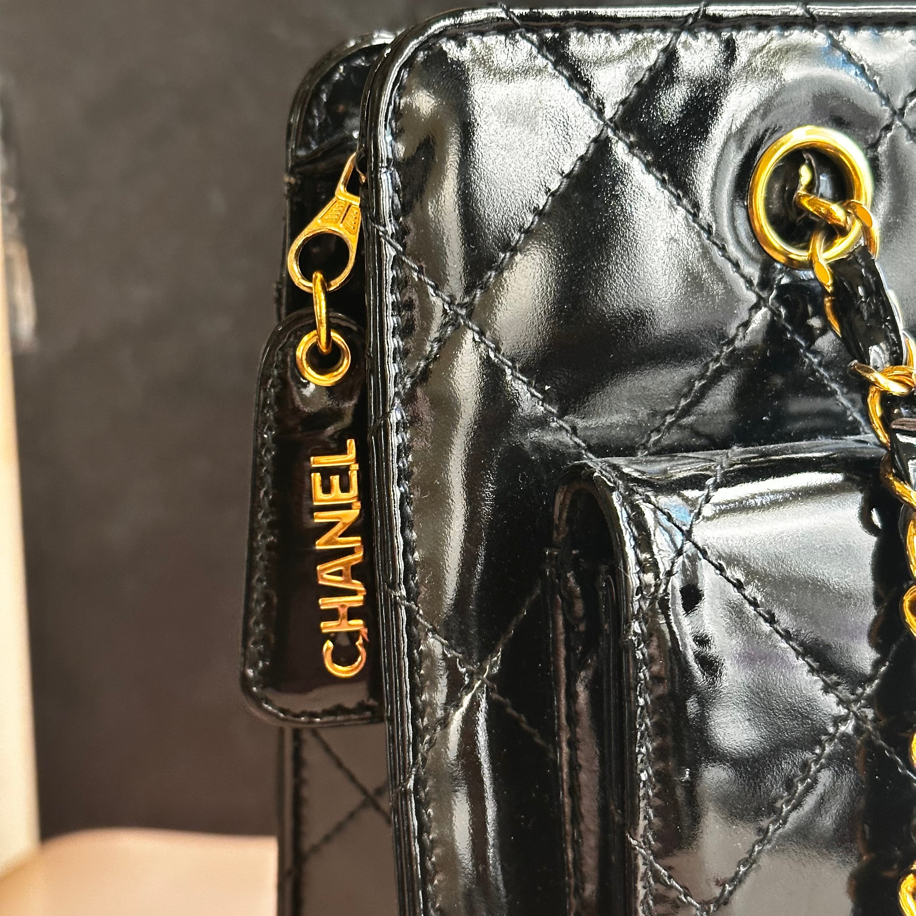 1998 Chanel vintage shopping tote black patent calfskin 24K Gold Hardware