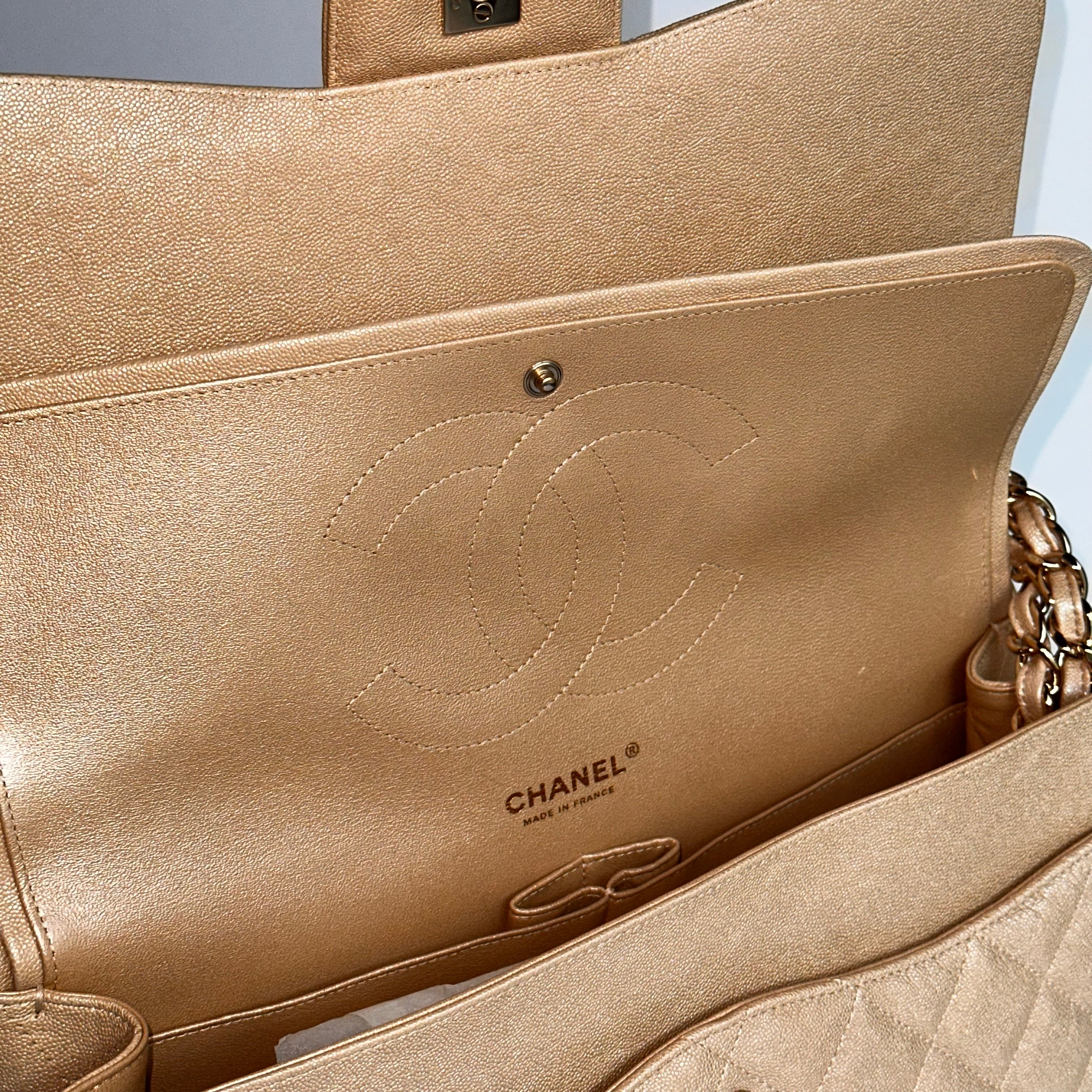 19S Chanel Timeless Classic Jumbo Iridescent Beige Caviar LGHW