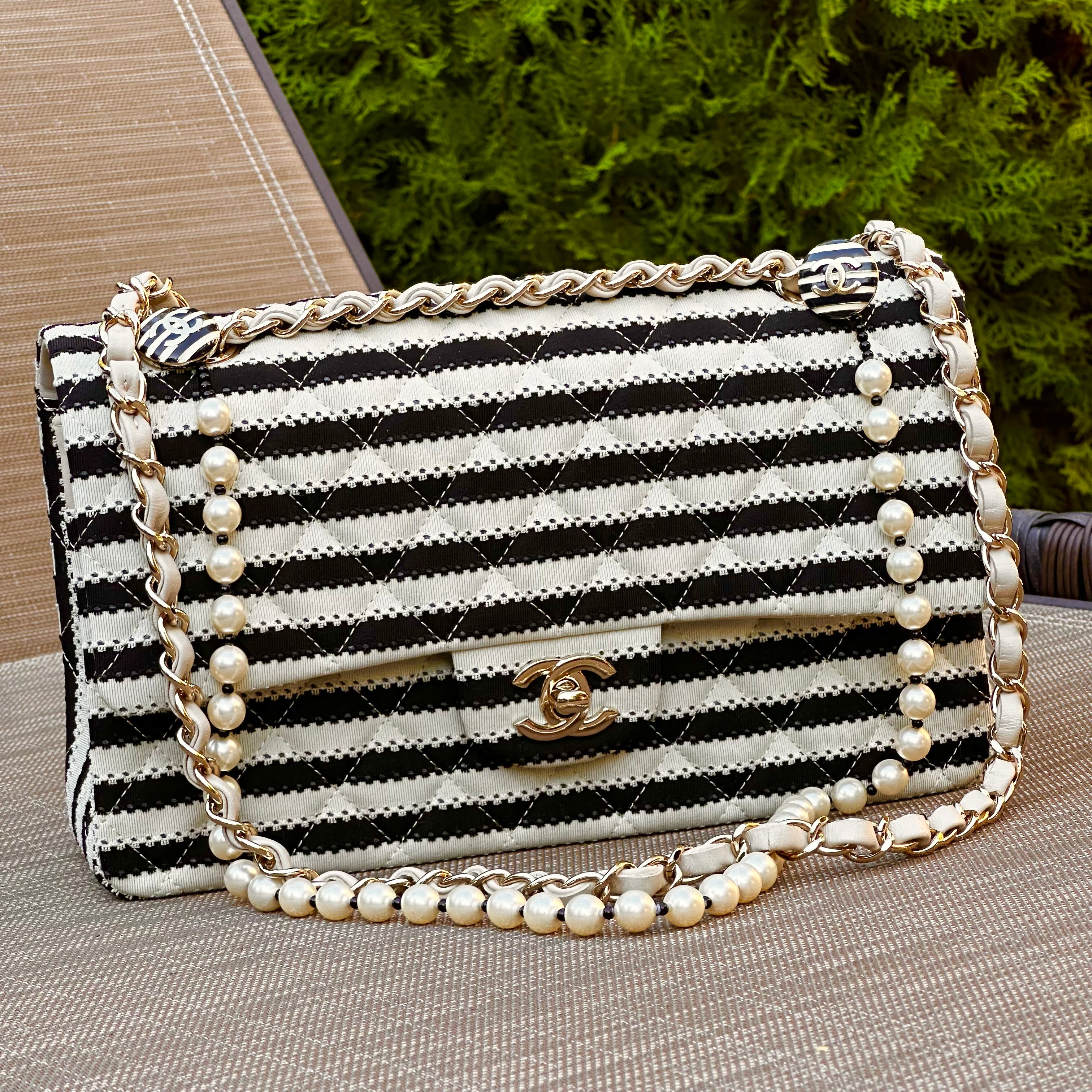 2014 Chanel Medium Flap Beige & Black Jersey LGHW