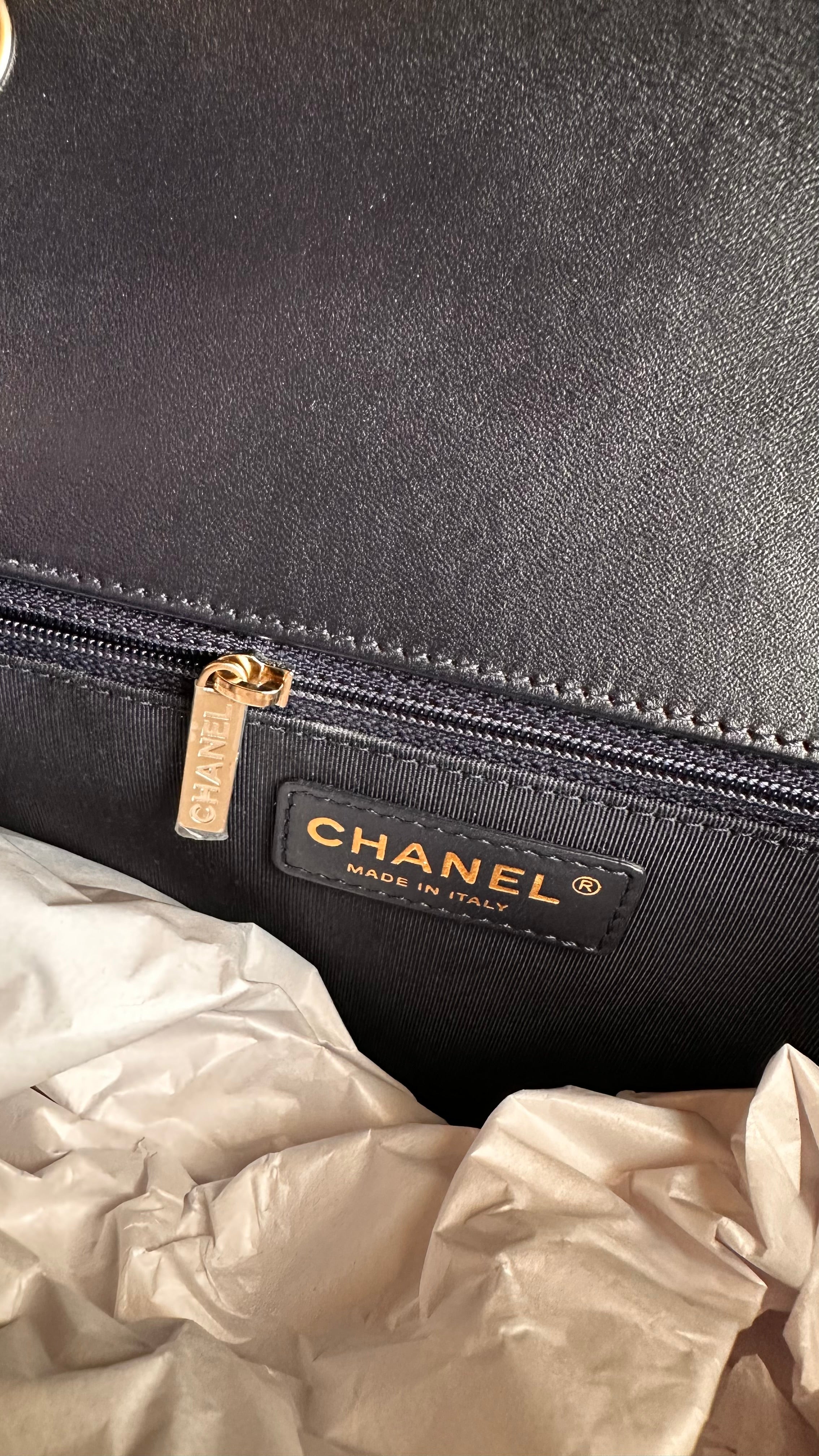 2016 Chanel Mademoiselle Chic Flap Navy Blue Lambskin and Satin Aged Gold Hardware