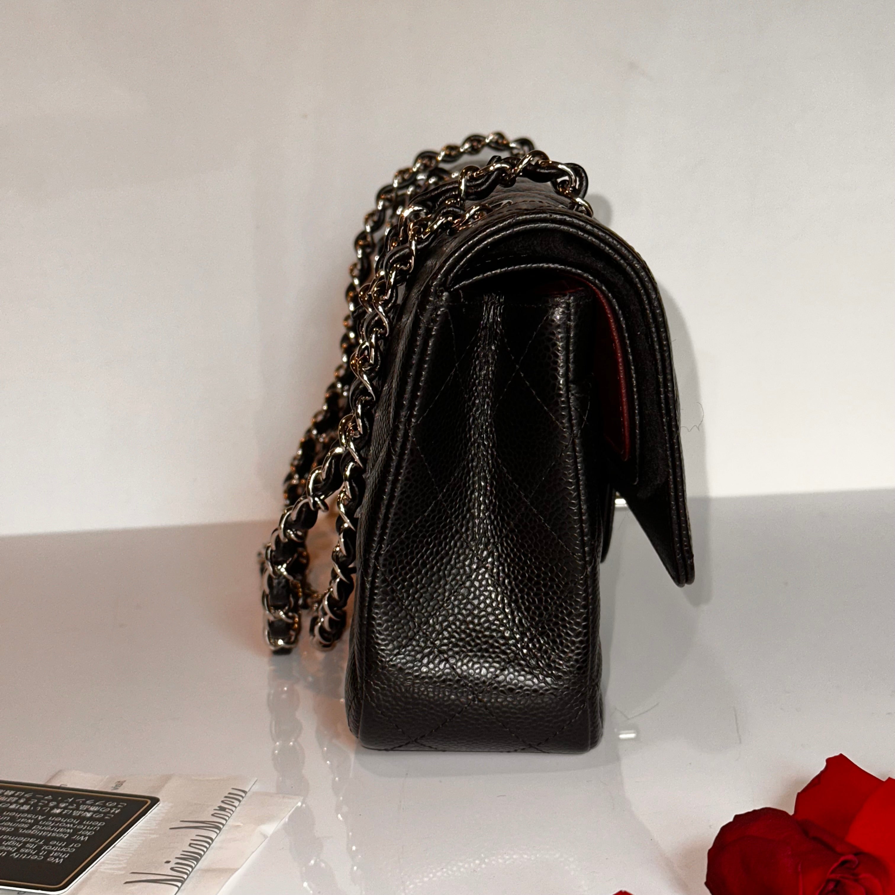 CHANEL Medium M/L Timeless Classic Quilted Double Flap Black Caviar/ 100% Naturally Grained Bordeaux LINING/ SHW