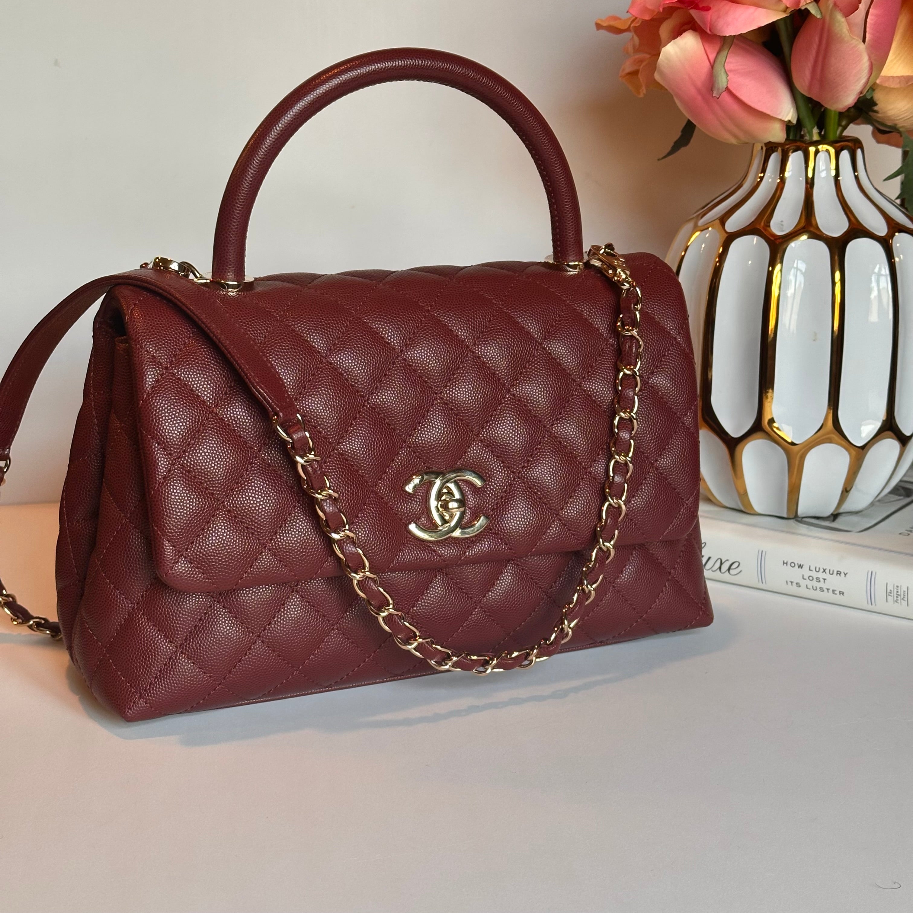 20K CHANEL Coco Top Handle Medium Flap Burgundy Caviar LGHW