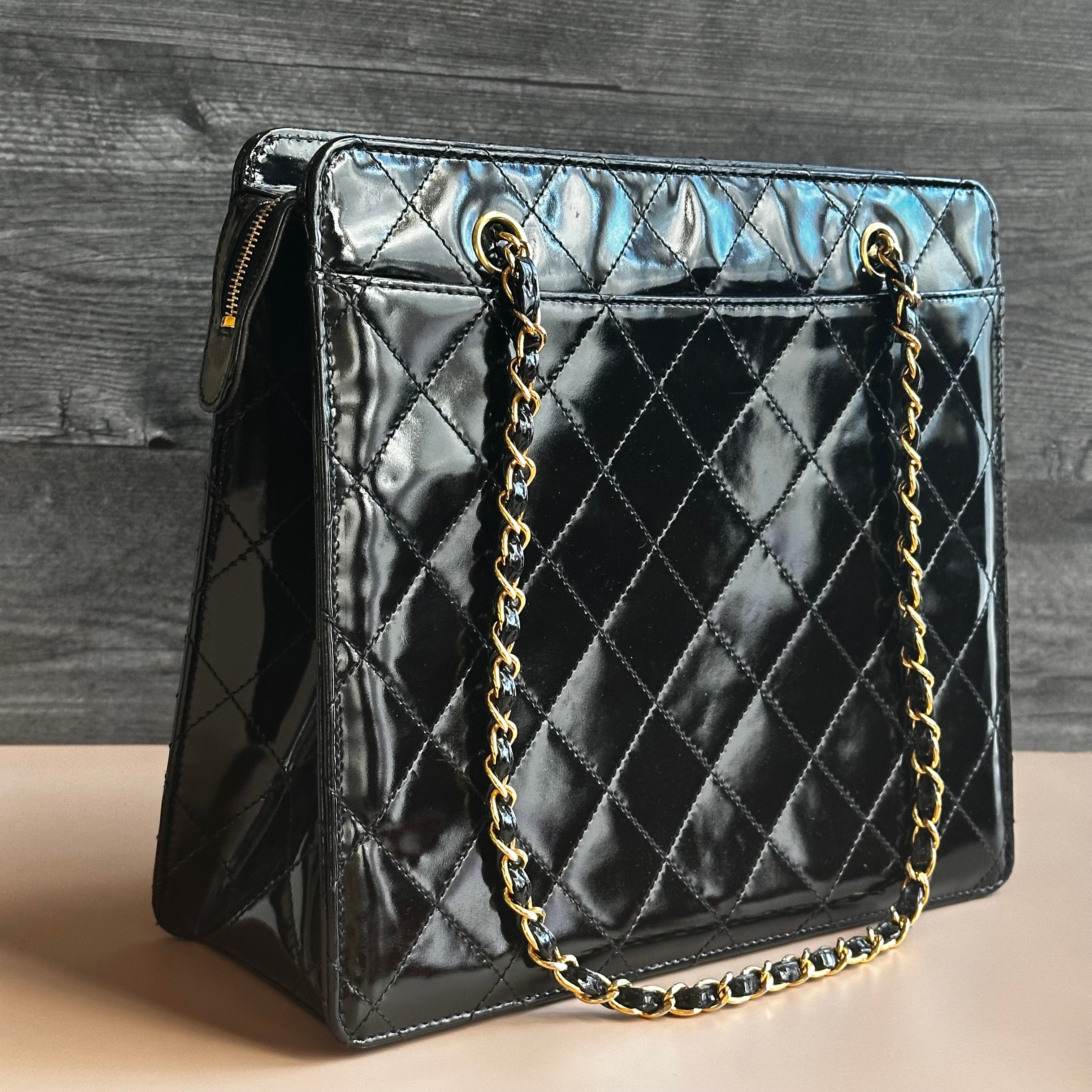 1998 Chanel vintage shopping tote black patent calfskin 24K Gold Hardware