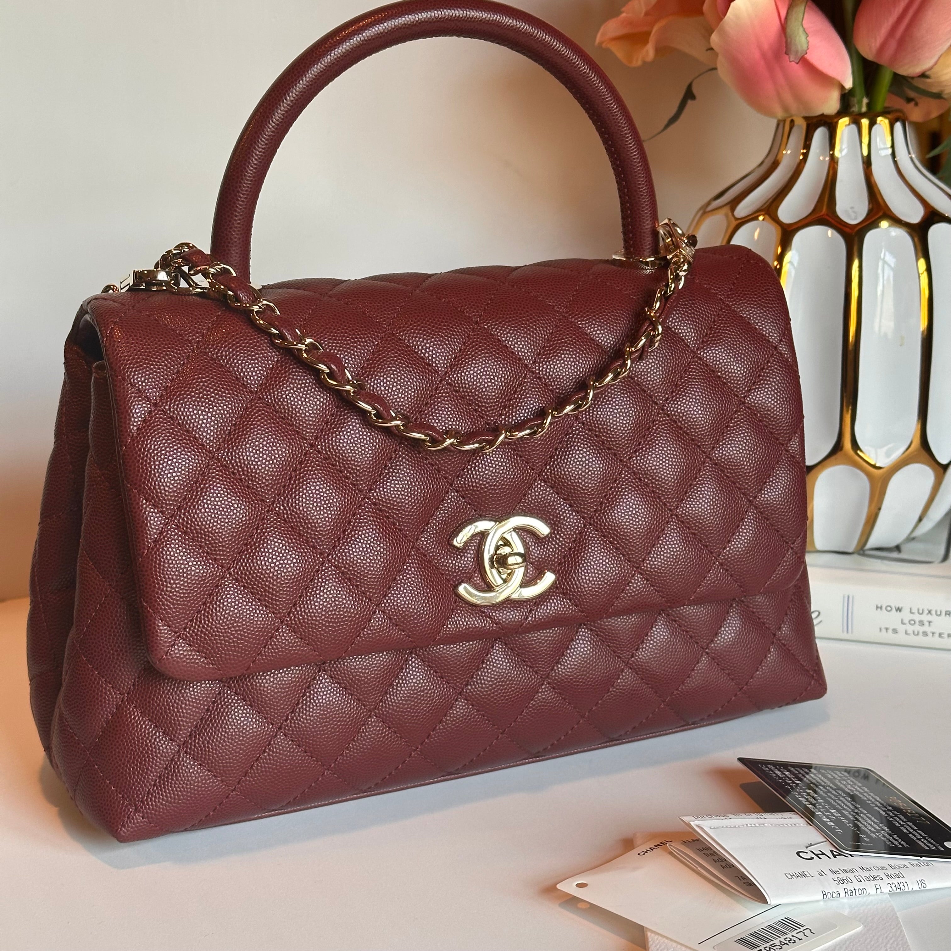 20K CHANEL Coco Top Handle Medium Flap Burgundy Caviar LGHW