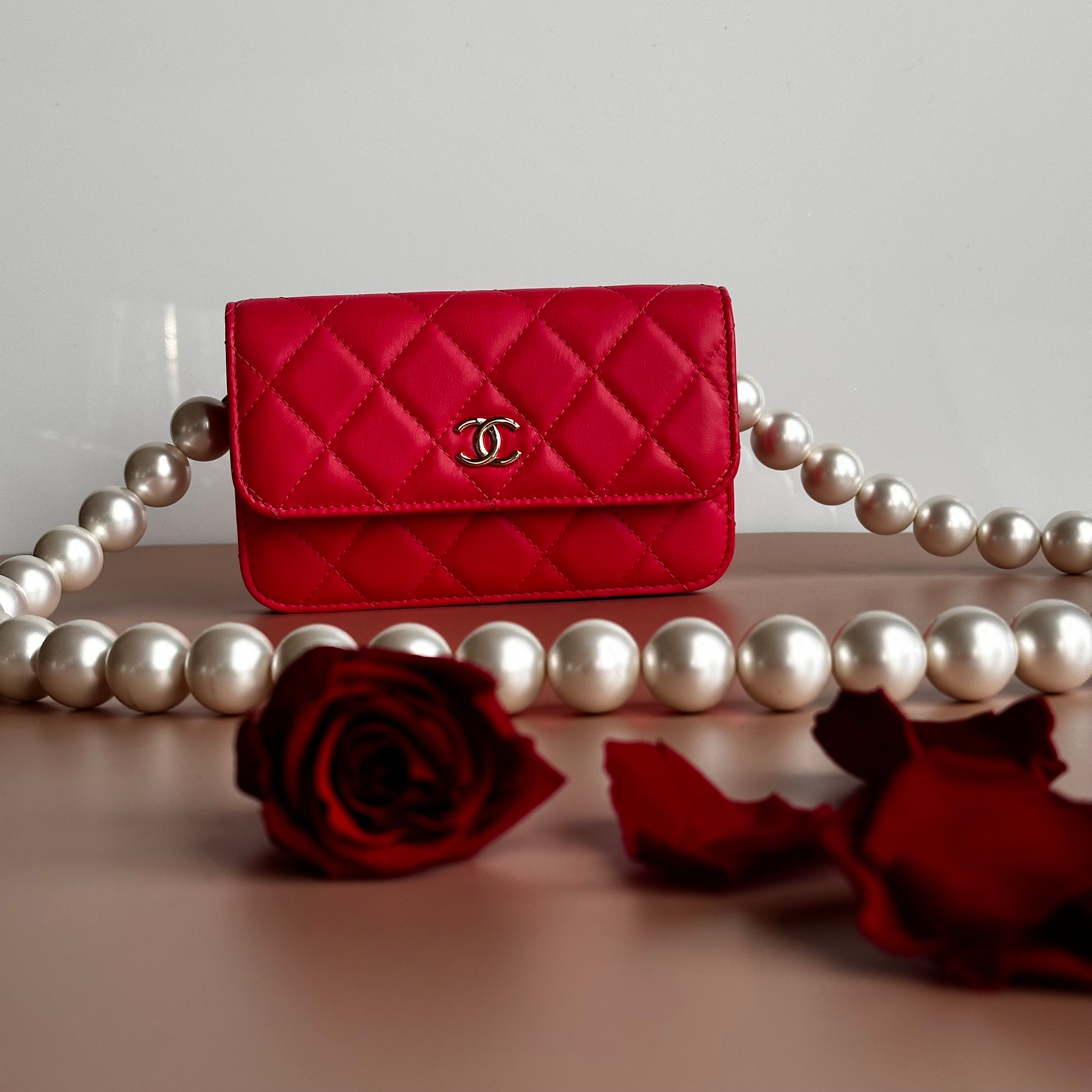 2020 Chanel Maxi Pearls Mini Flap Dark Pink Calfskin light gold hardware