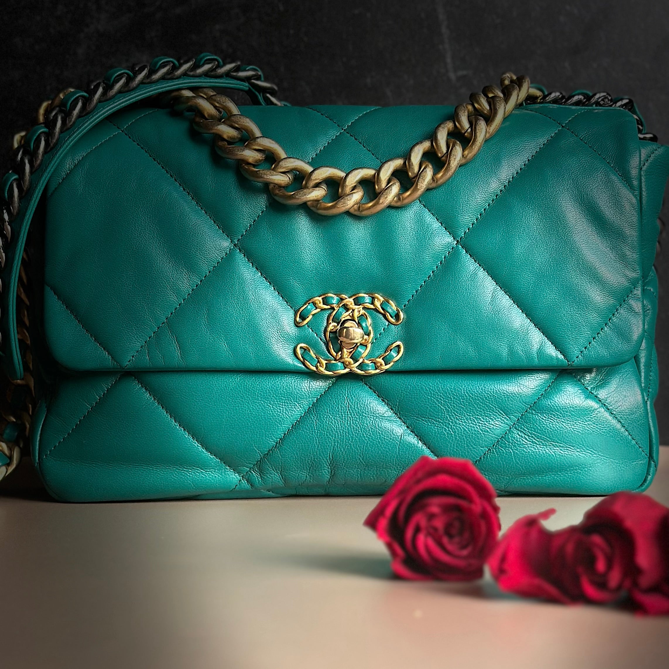 19K Medium-Large 19 Flap Dark Green Goatskin Trio Mix Hardware