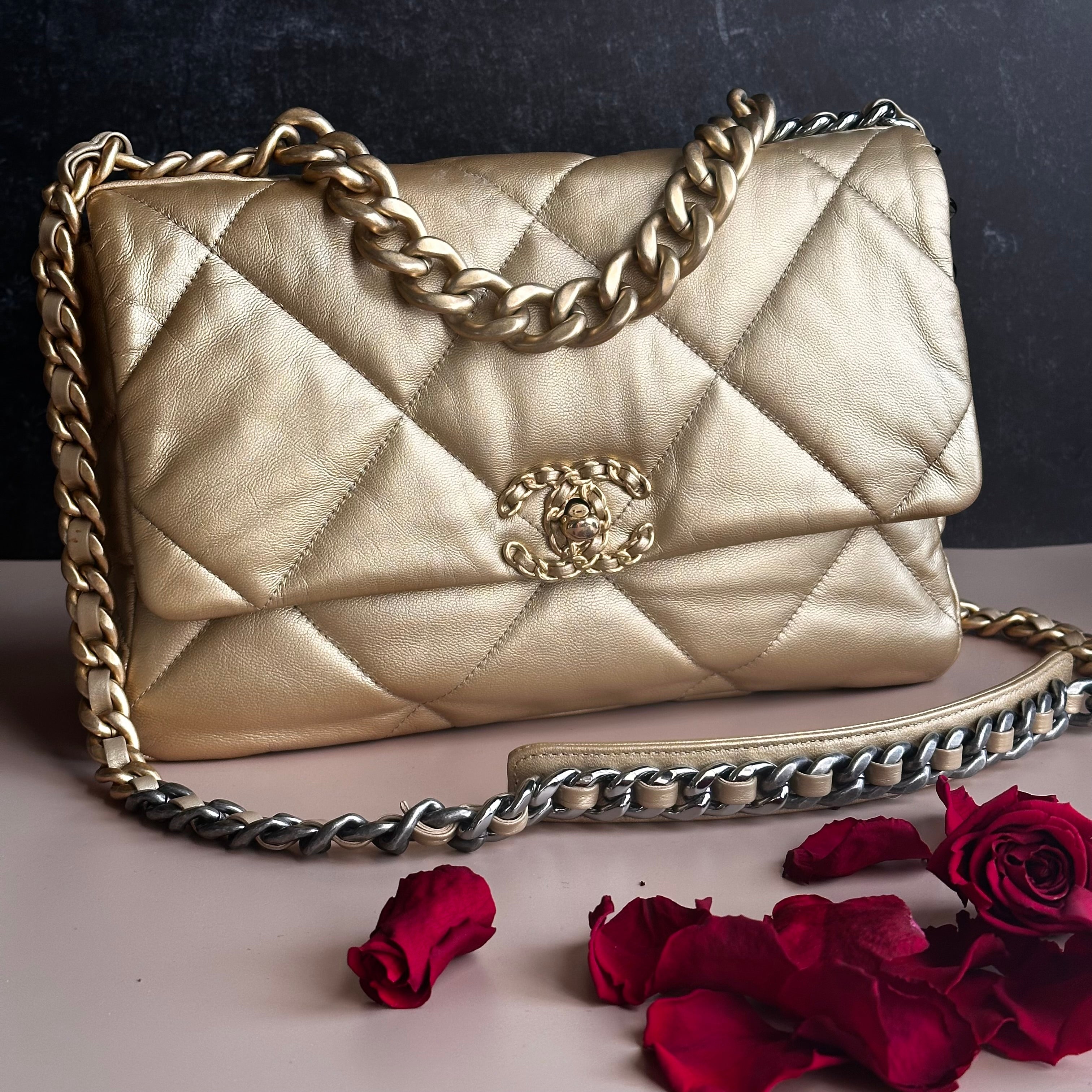 20B Chanel Medium-Large 19 Flap Metallic Gold Goatskin Mix Hardware and Cotton Linings