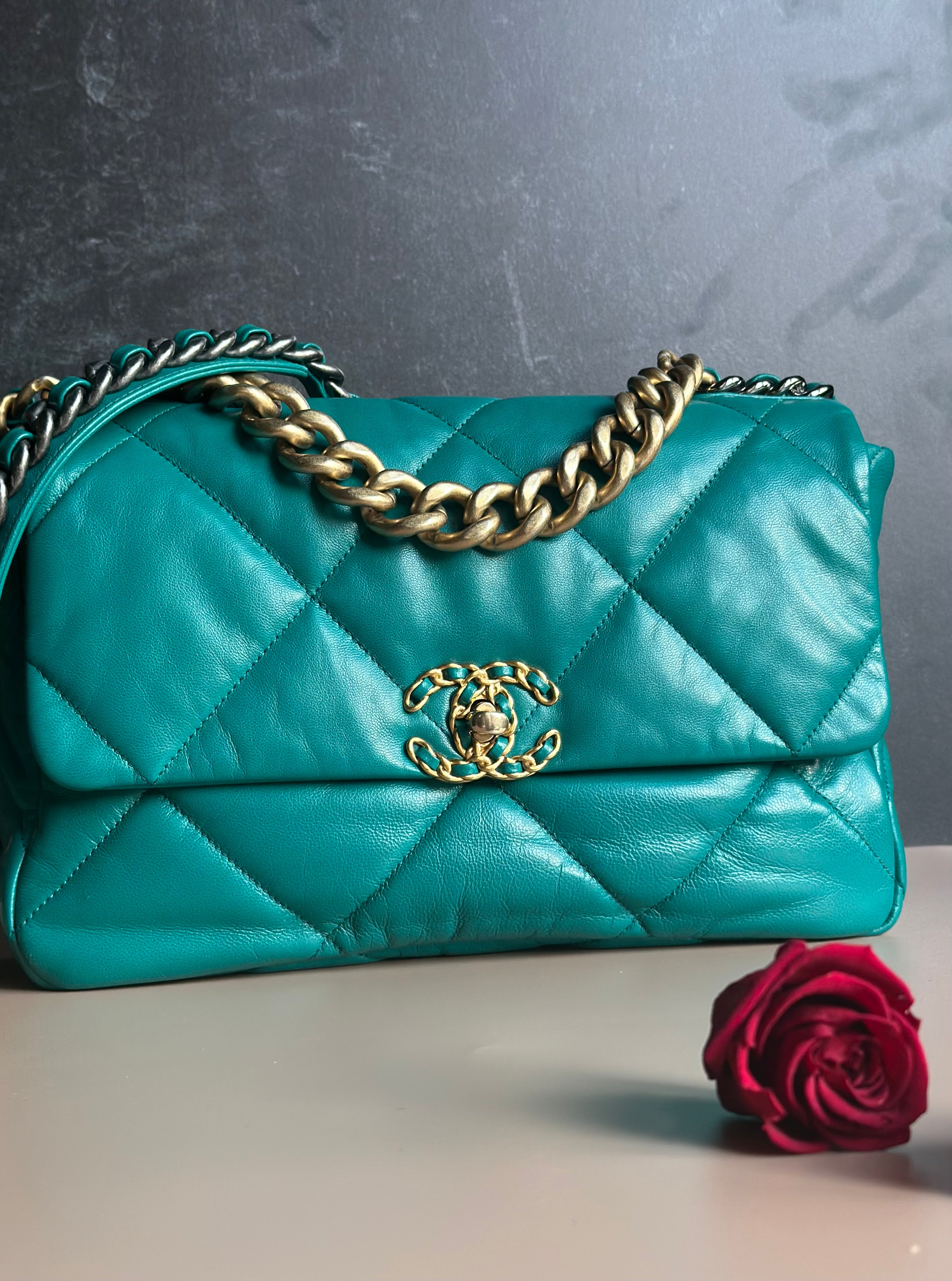 19K Medium-Large 19 Flap Dark Green Goatskin Trio Mix Hardware