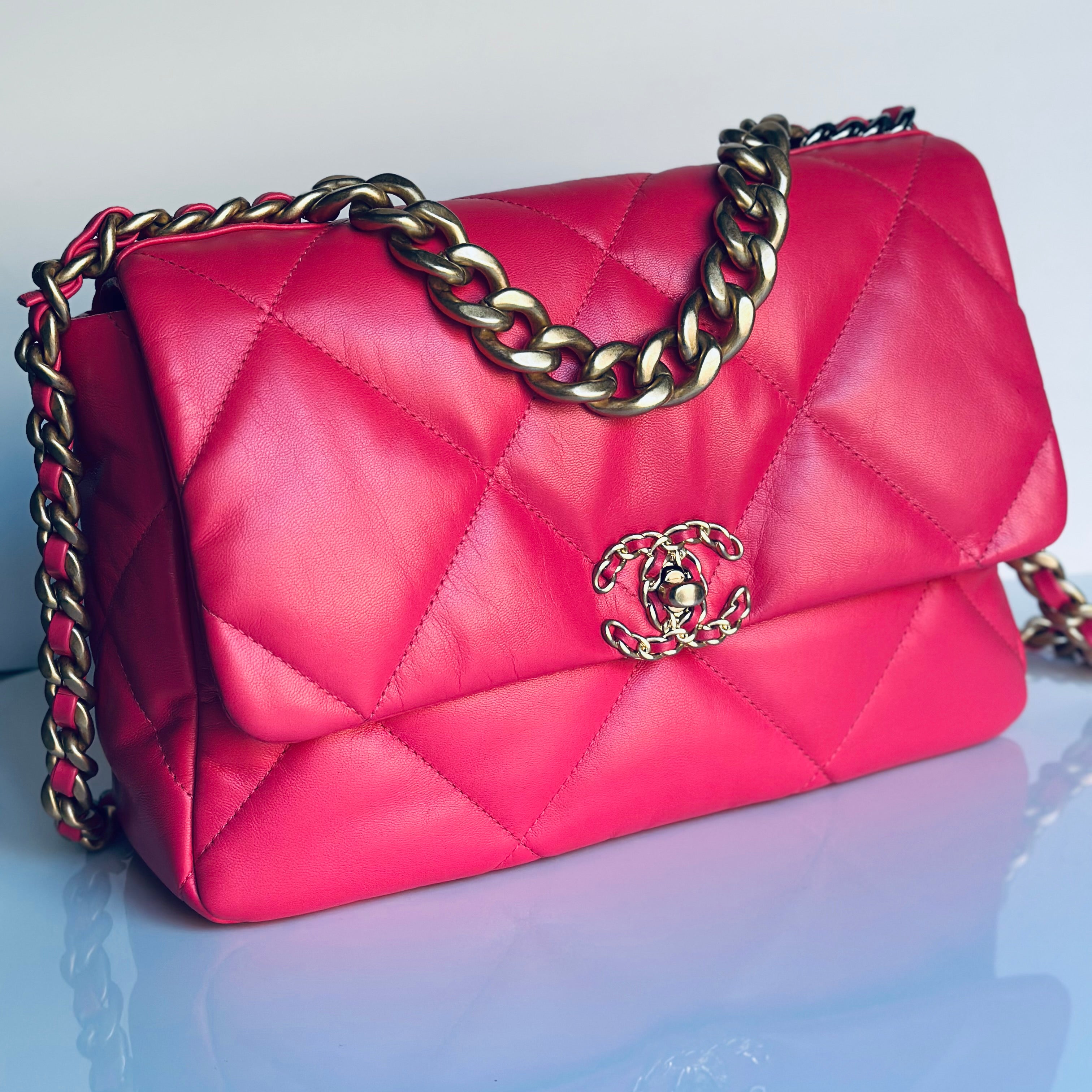 2020 Chanel 19 Large Flap Dark Pink Goatskin Trio-Mix Finish Hardware