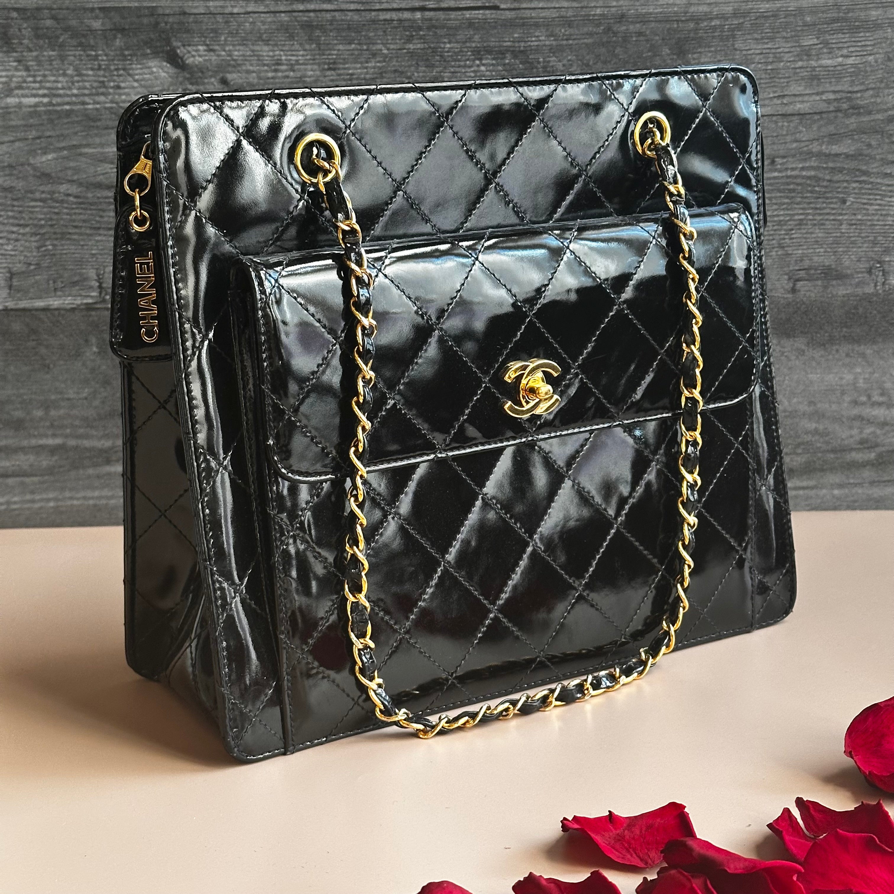 1998 Chanel vintage shopping tote black patent calfskin 24K Gold Hardware