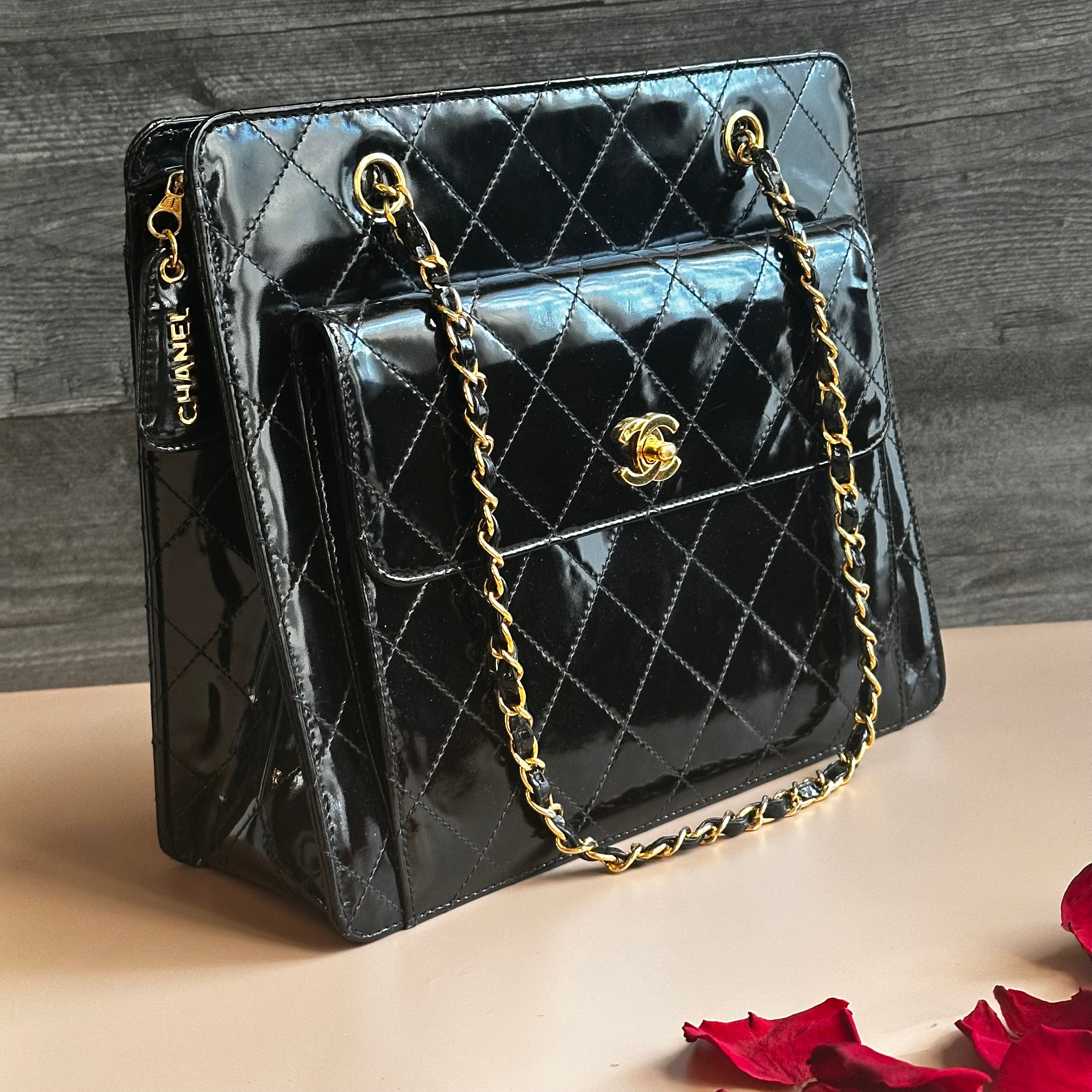 1998 Chanel vintage shopping tote black patent calfskin 24K Gold Hardware