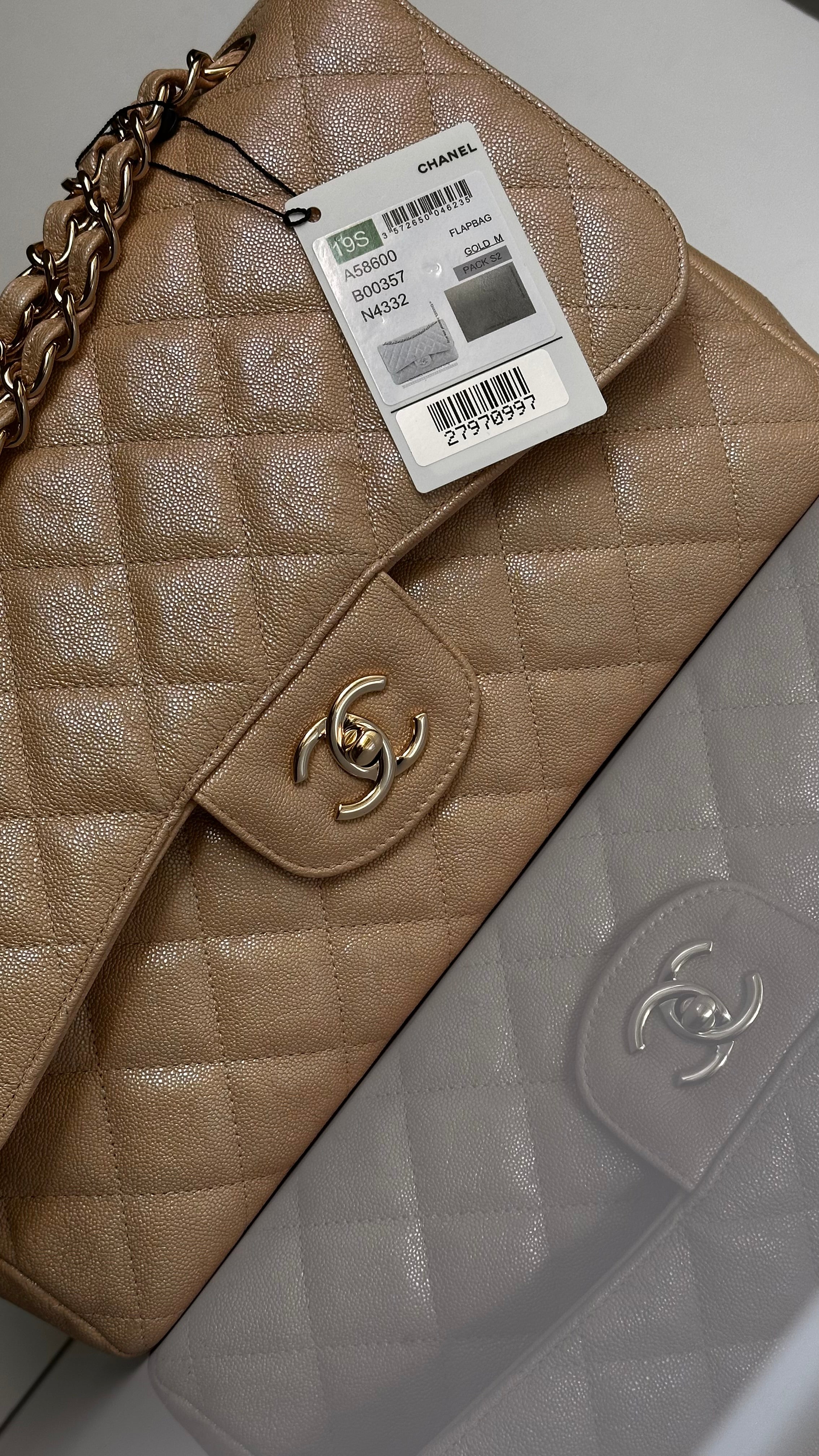 19S Chanel Timeless Classic Jumbo Iridescent Beige Caviar LGHW
