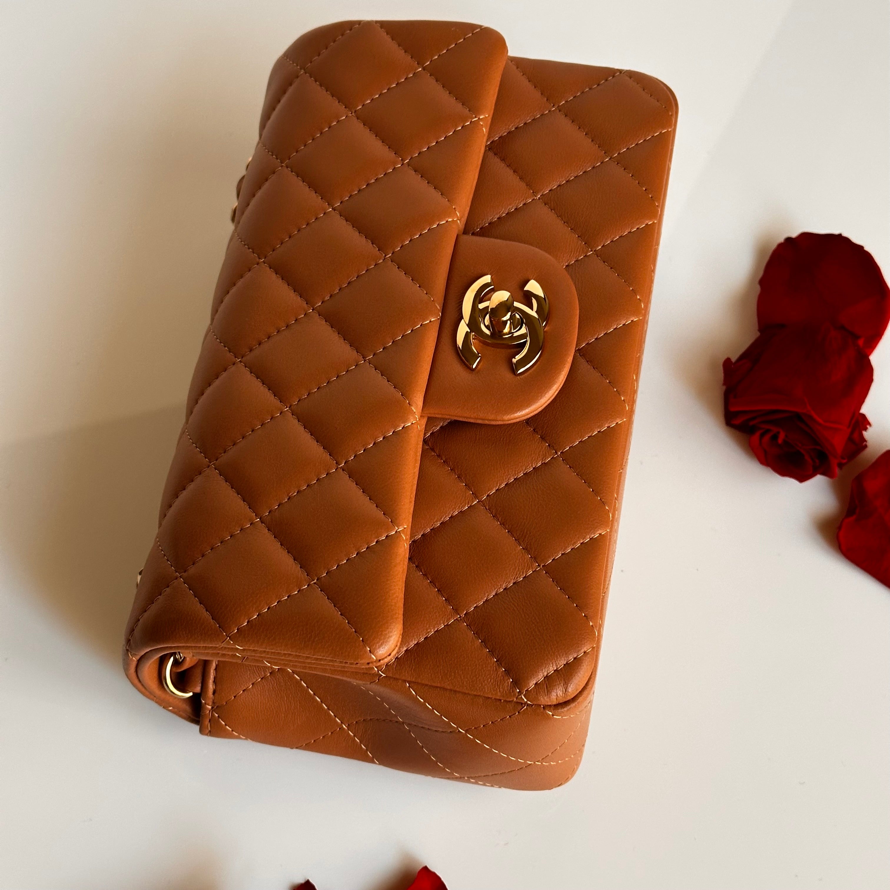 21P Chanel Mini Rectangular Classic Flap Caramel Brown Lambskin LGHW