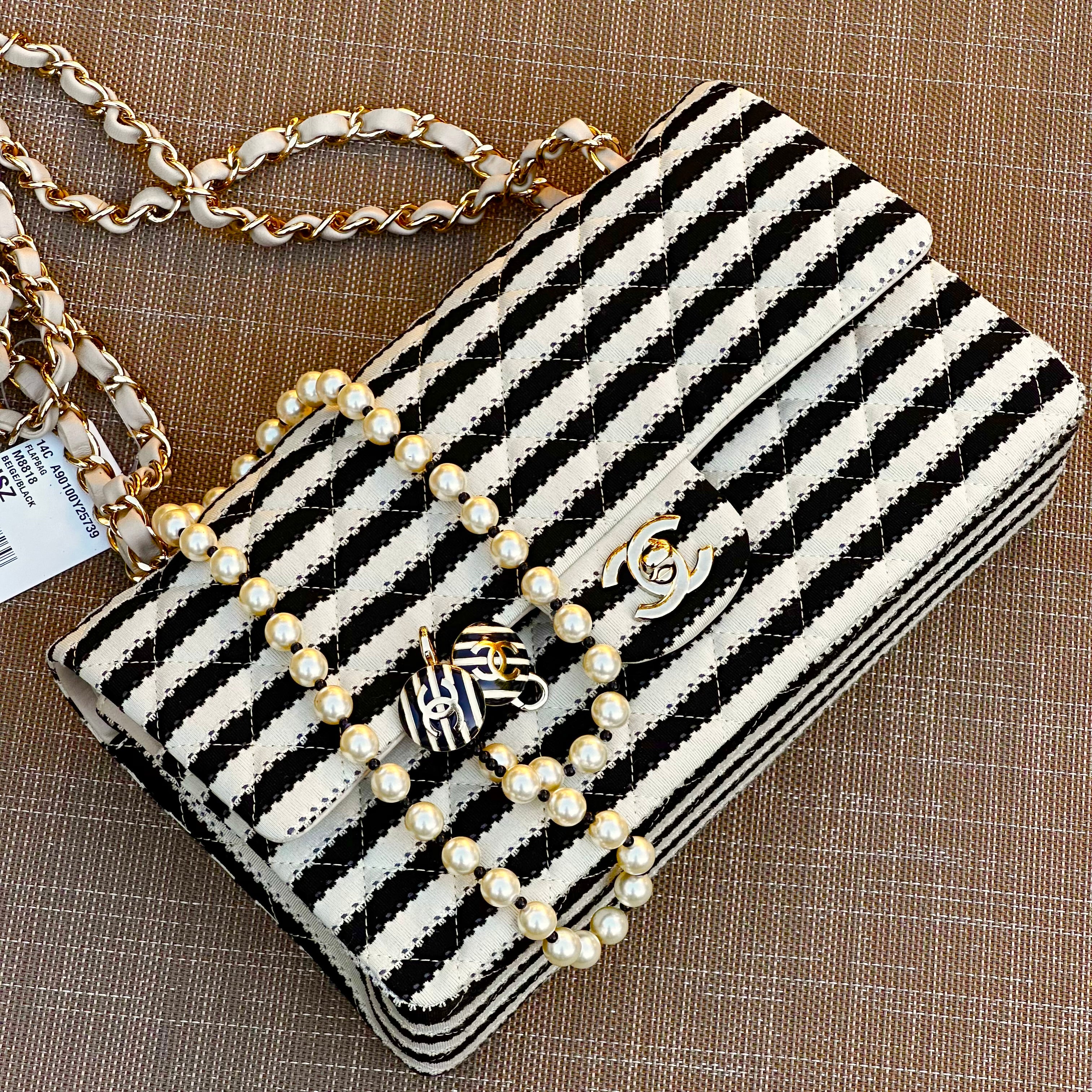 2014 Chanel Medium Flap Beige & Black Jersey LGHW