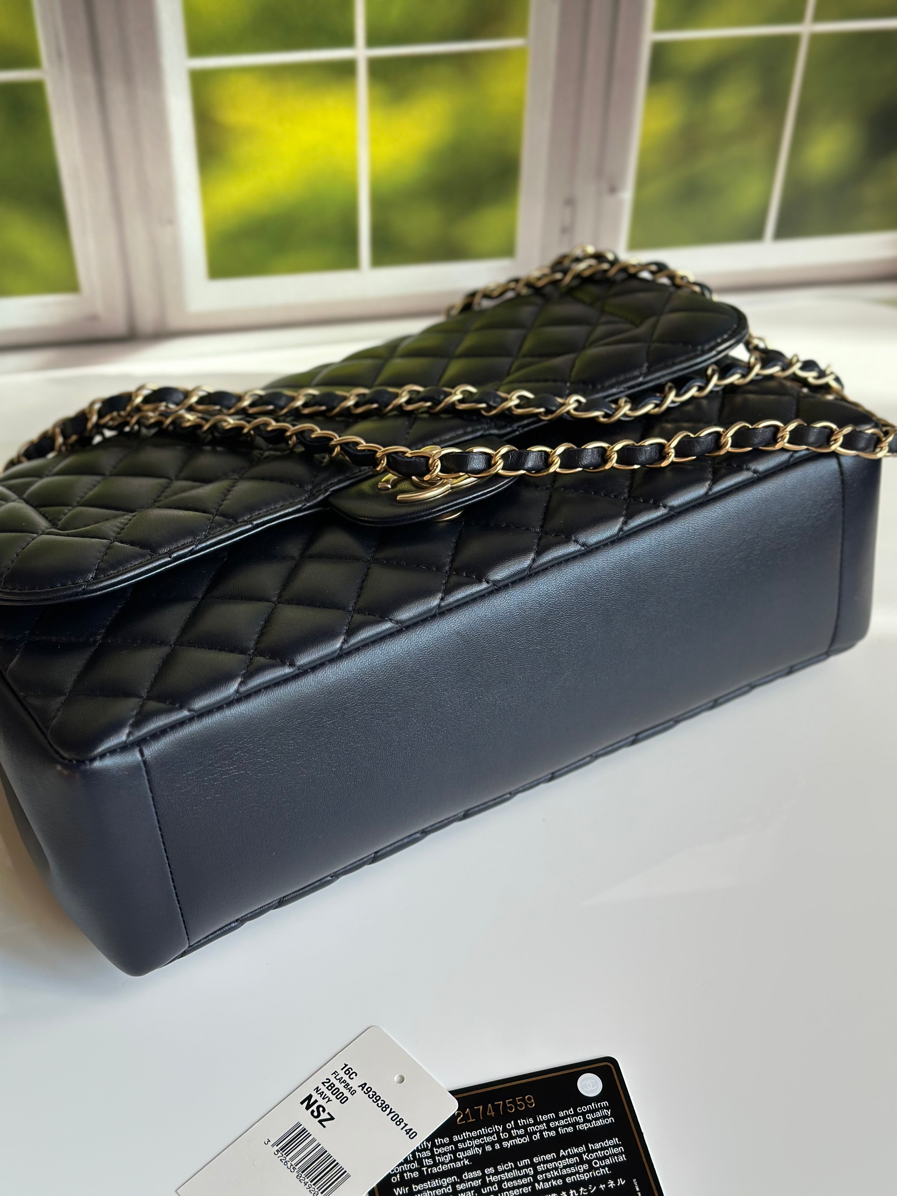 2016 Chanel Mademoiselle Chic Flap Navy Blue Lambskin and Satin Aged Gold Hardware