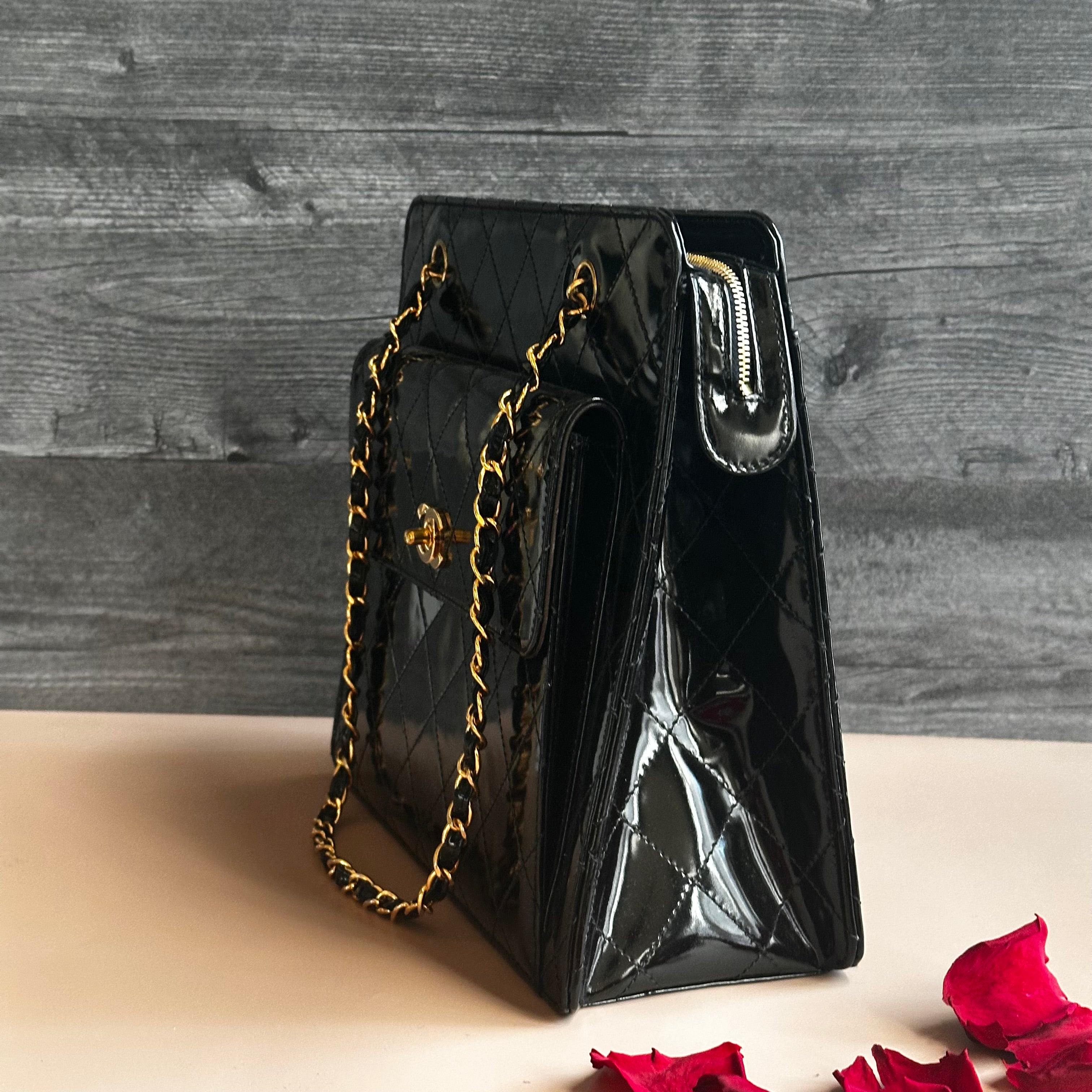 1998 Chanel vintage shopping tote black patent calfskin 24K Gold Hardware