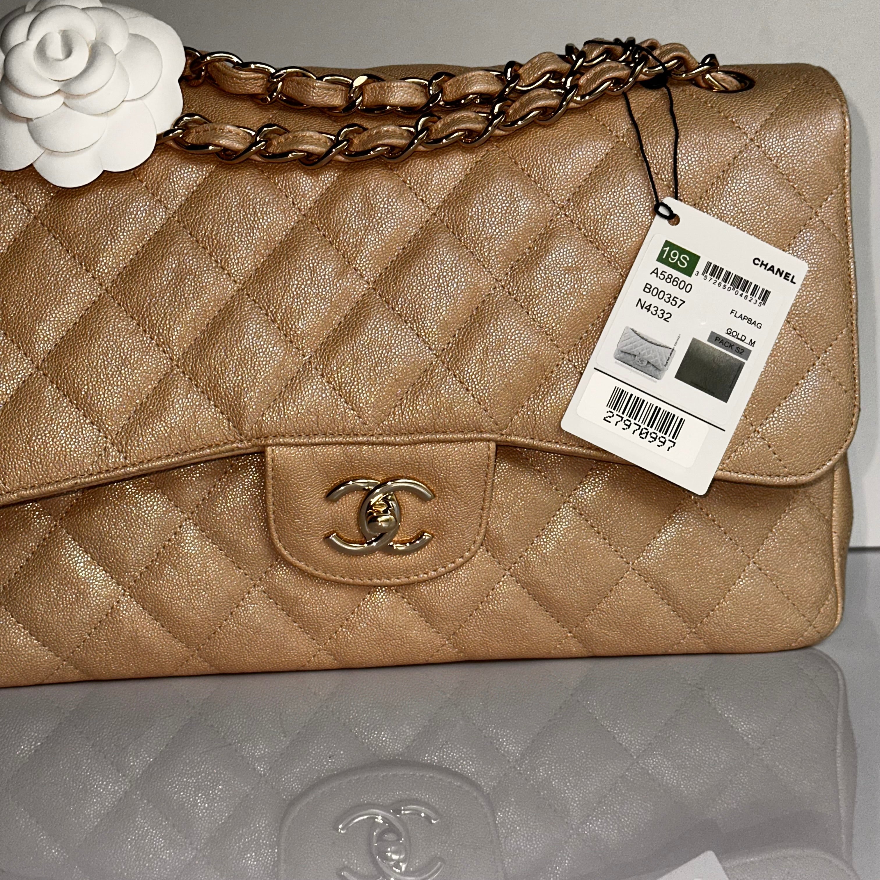 19S Chanel Timeless Classic Jumbo Iridescent Beige Caviar LGHW
