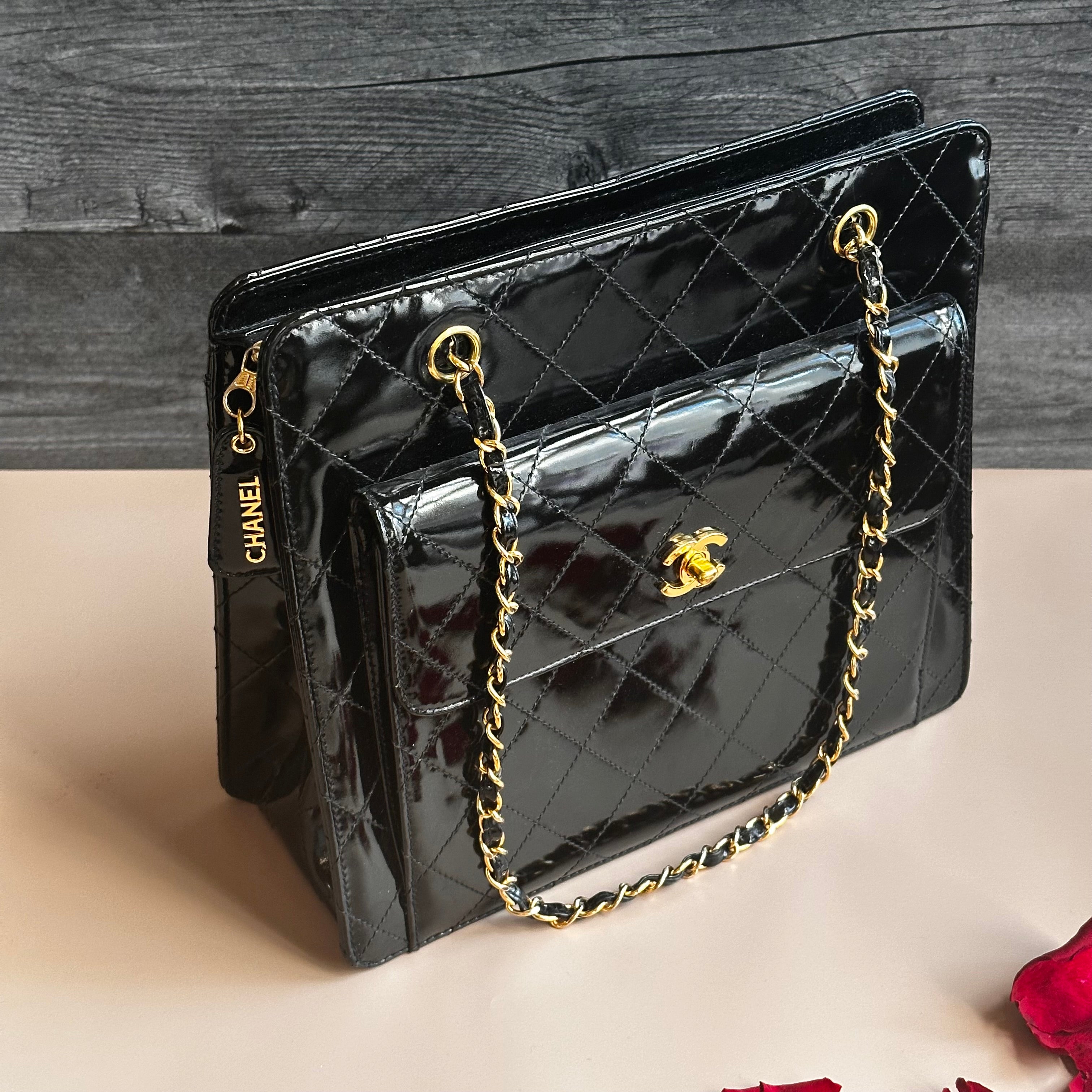 1998 Chanel vintage shopping tote black patent calfskin 24K Gold Hardware