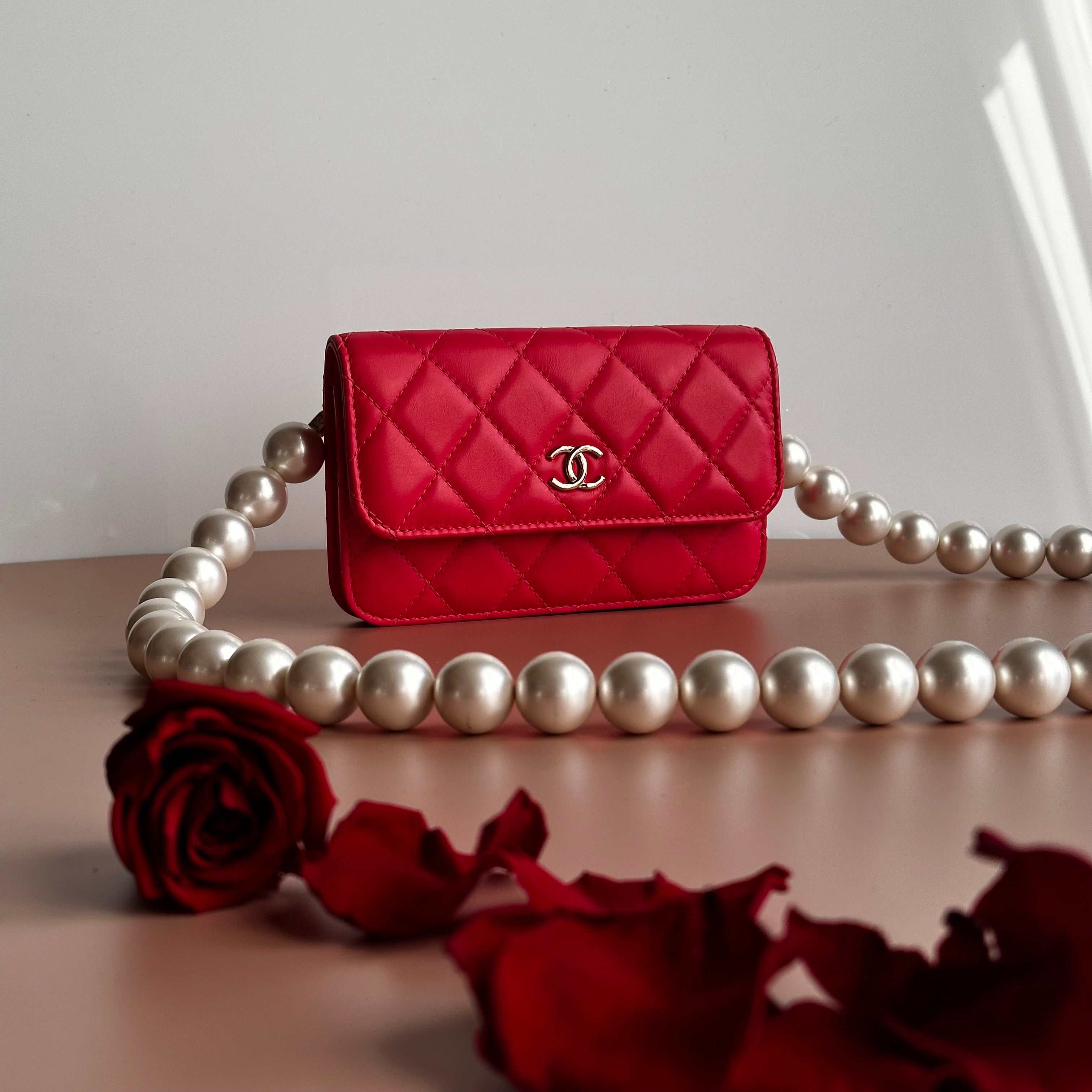 2020 Chanel Maxi Pearls Mini Flap Dark Pink Calfskin light gold hardware
