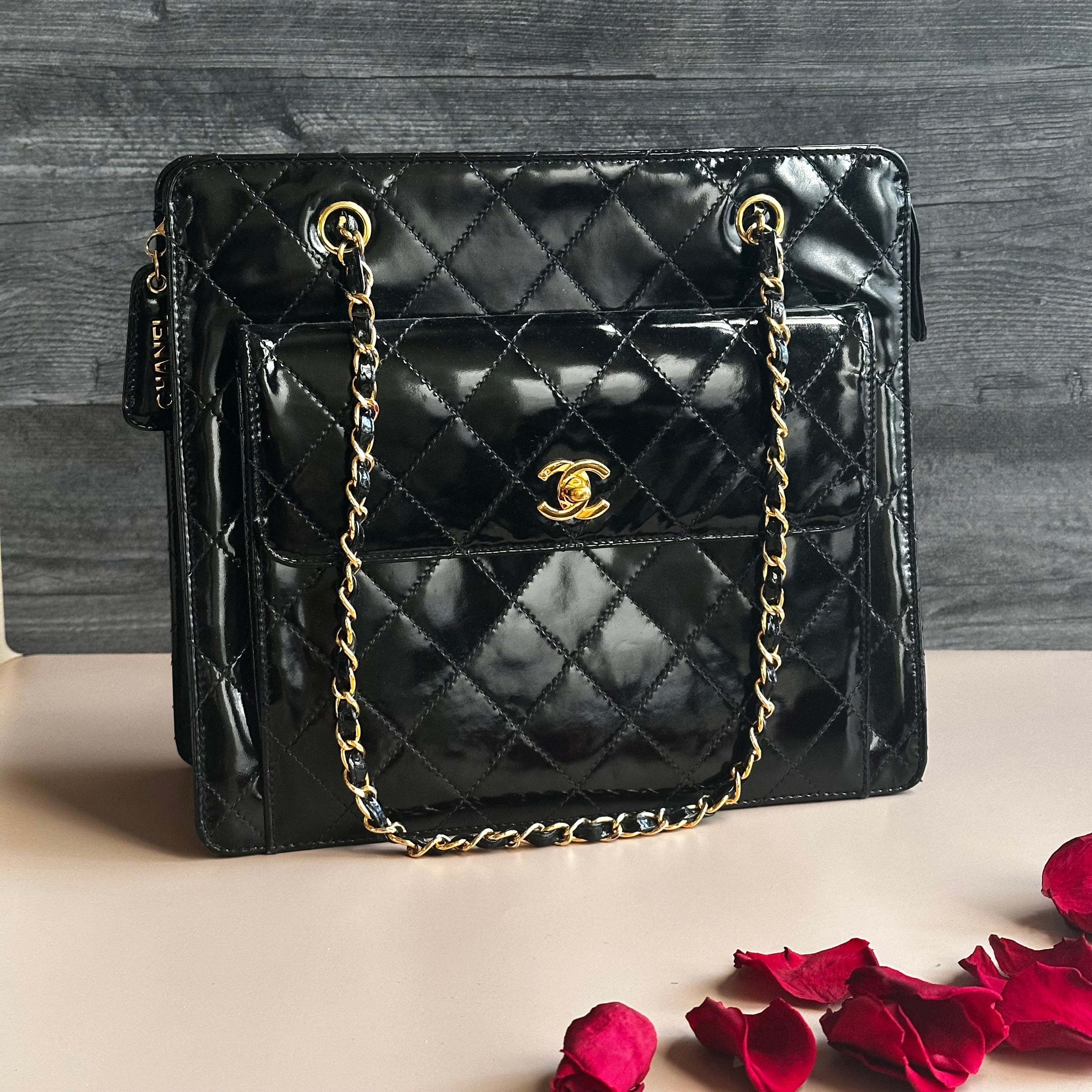 1998 Chanel vintage shopping tote black patent calfskin 24K Gold Hardware