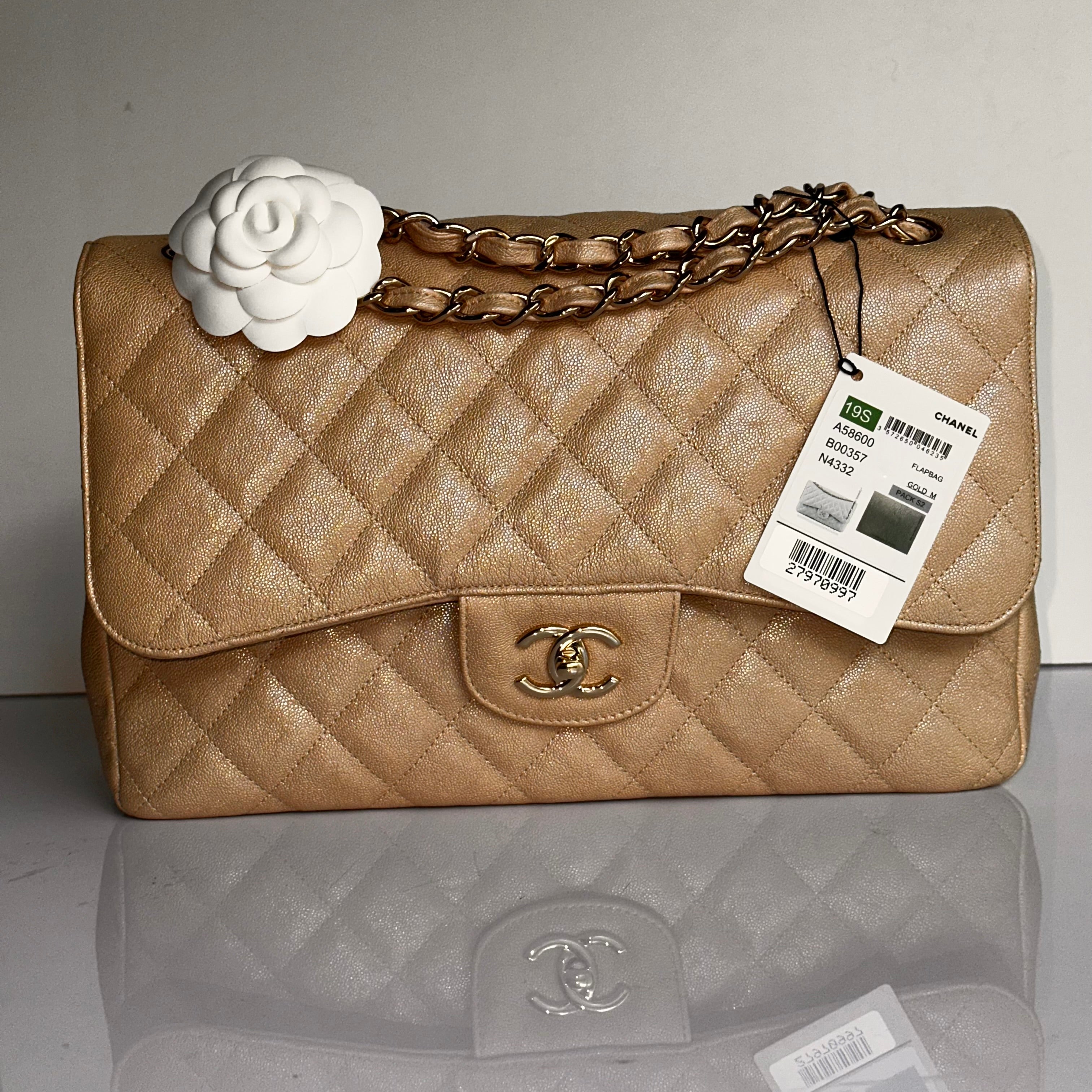 19S Chanel Timeless Classic Jumbo Iridescent Beige Caviar LGHW