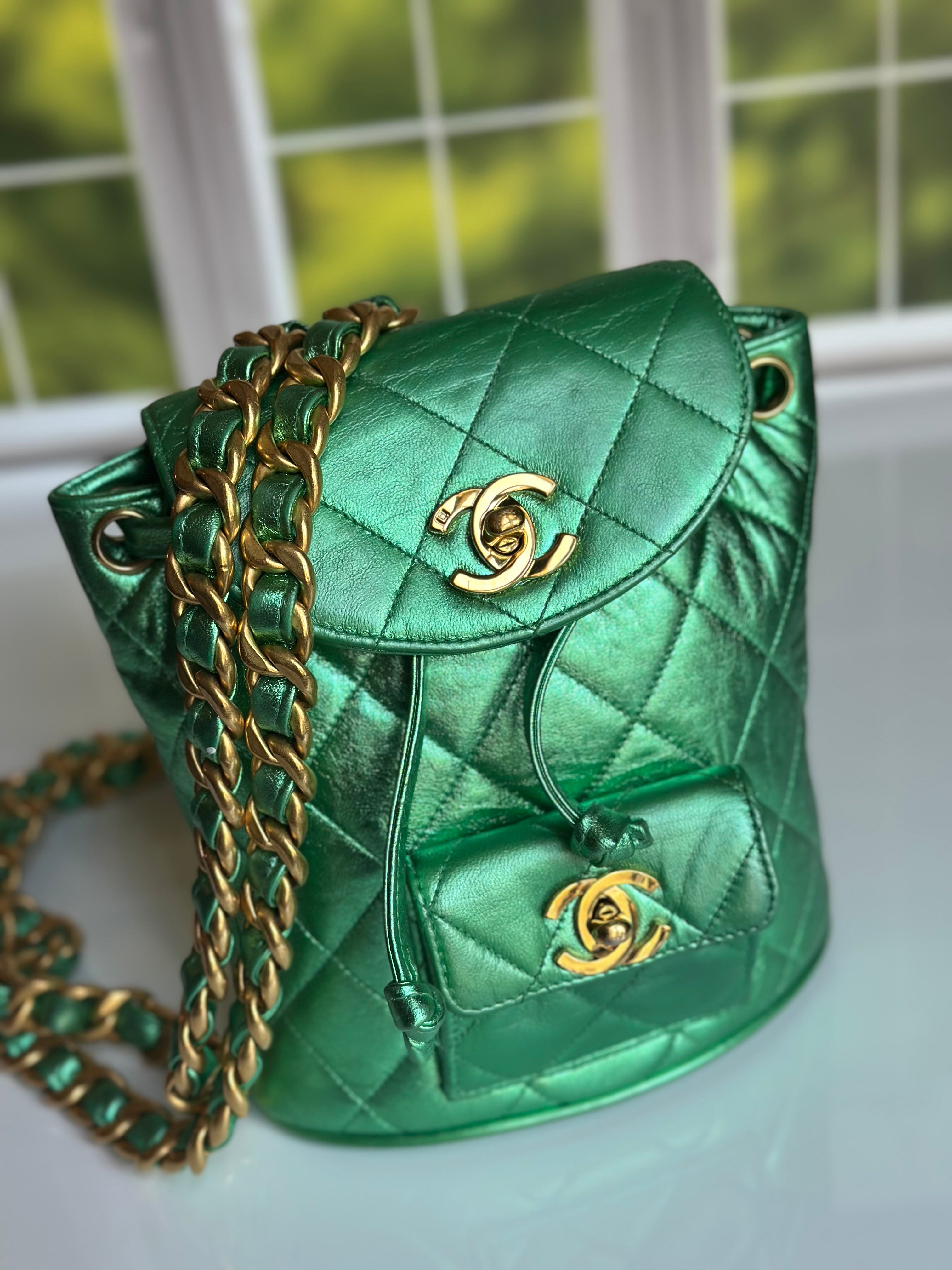 1994 Chanel Mini Duma Backpack Metallic Green Lambskin & 24K Gold Plated Hardware