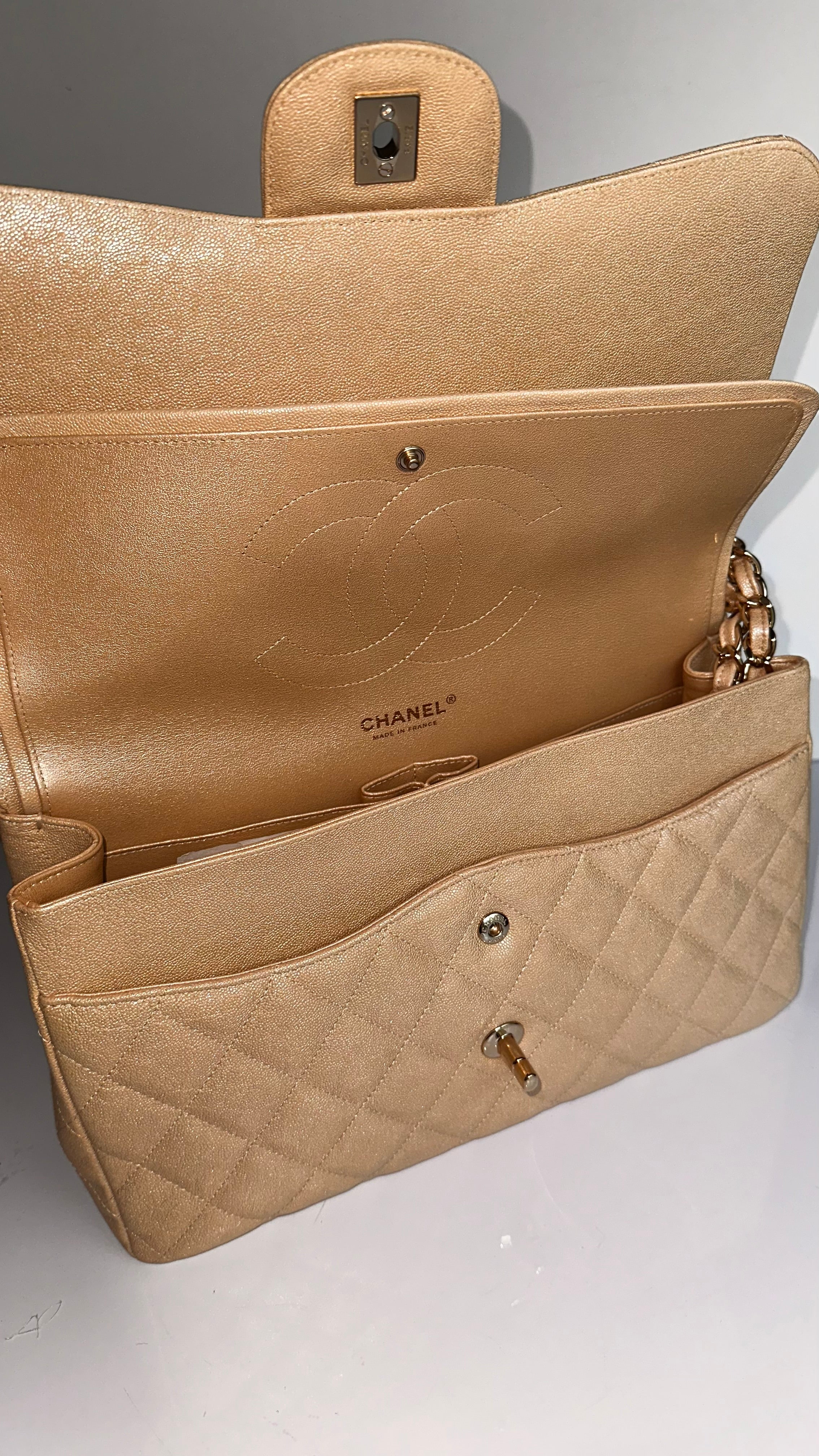 19S Chanel Timeless Classic Jumbo Iridescent Beige Caviar LGHW