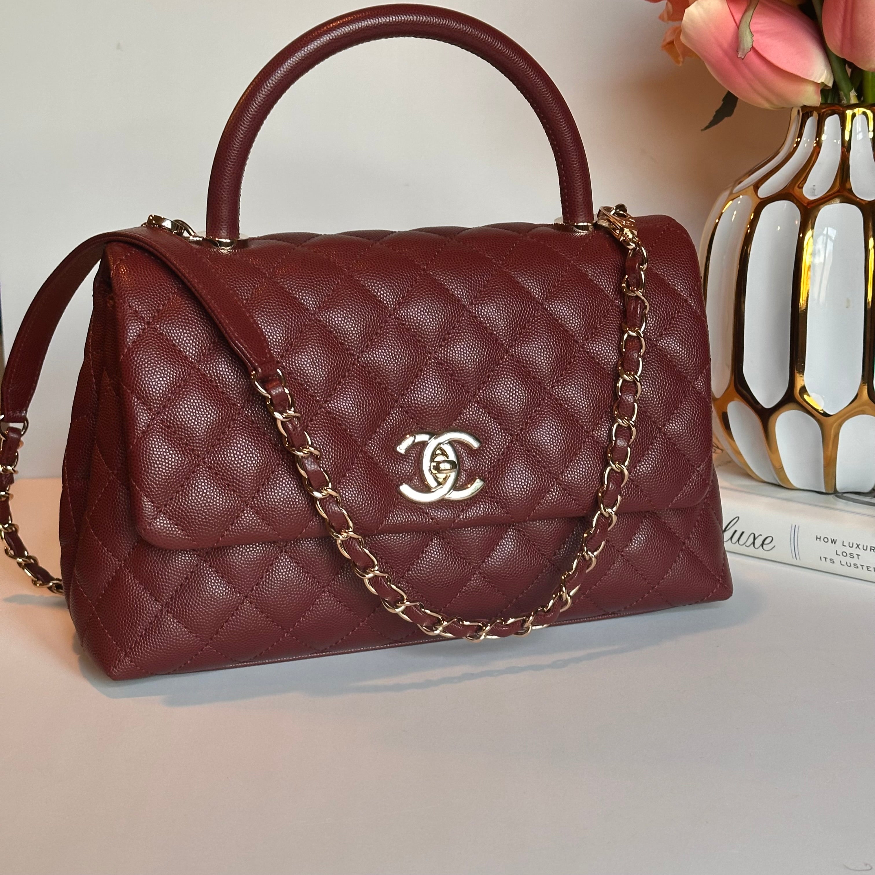 20K CHANEL Coco Top Handle Medium Flap Burgundy Caviar LGHW