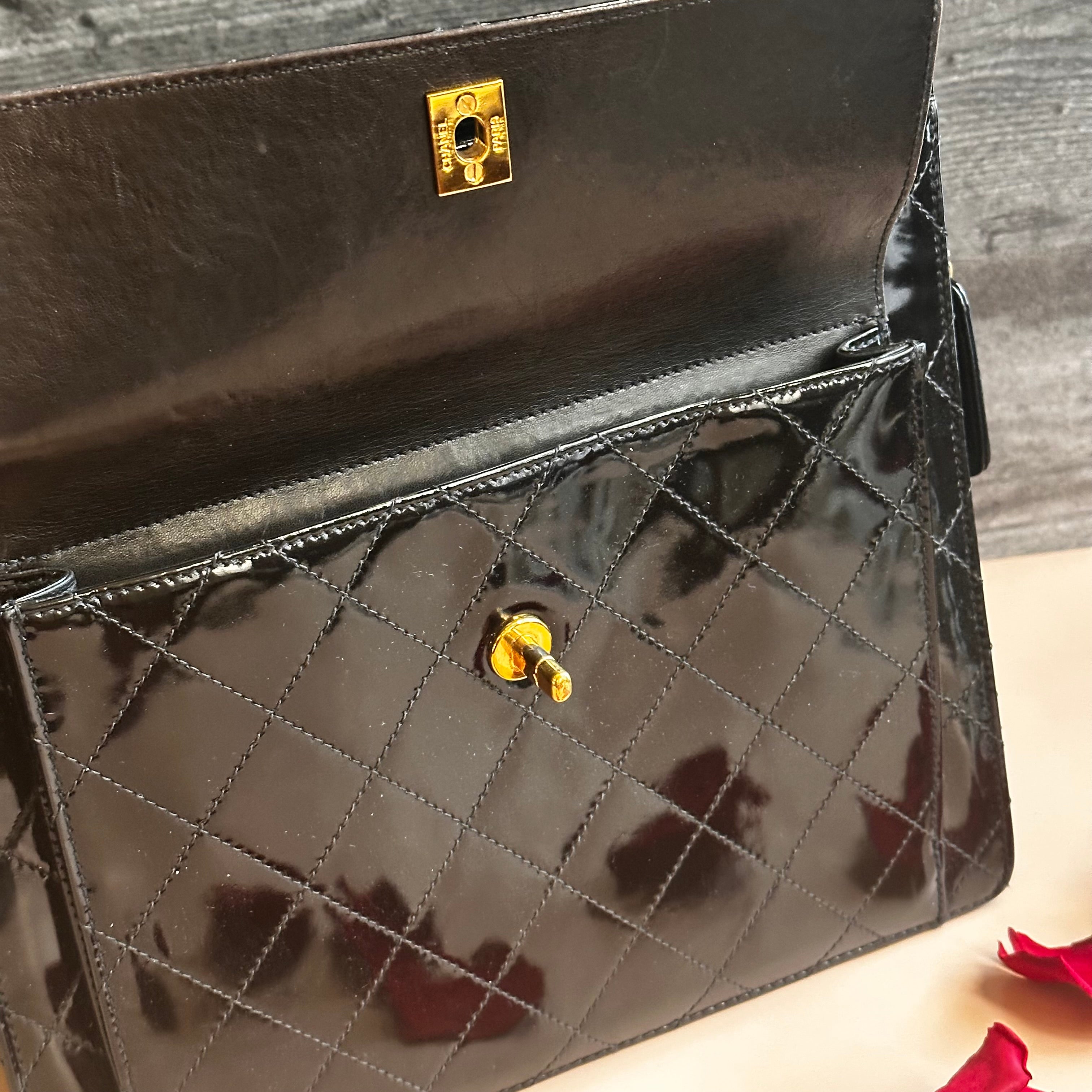 1998 Chanel vintage shopping tote black patent calfskin 24K Gold Hardware