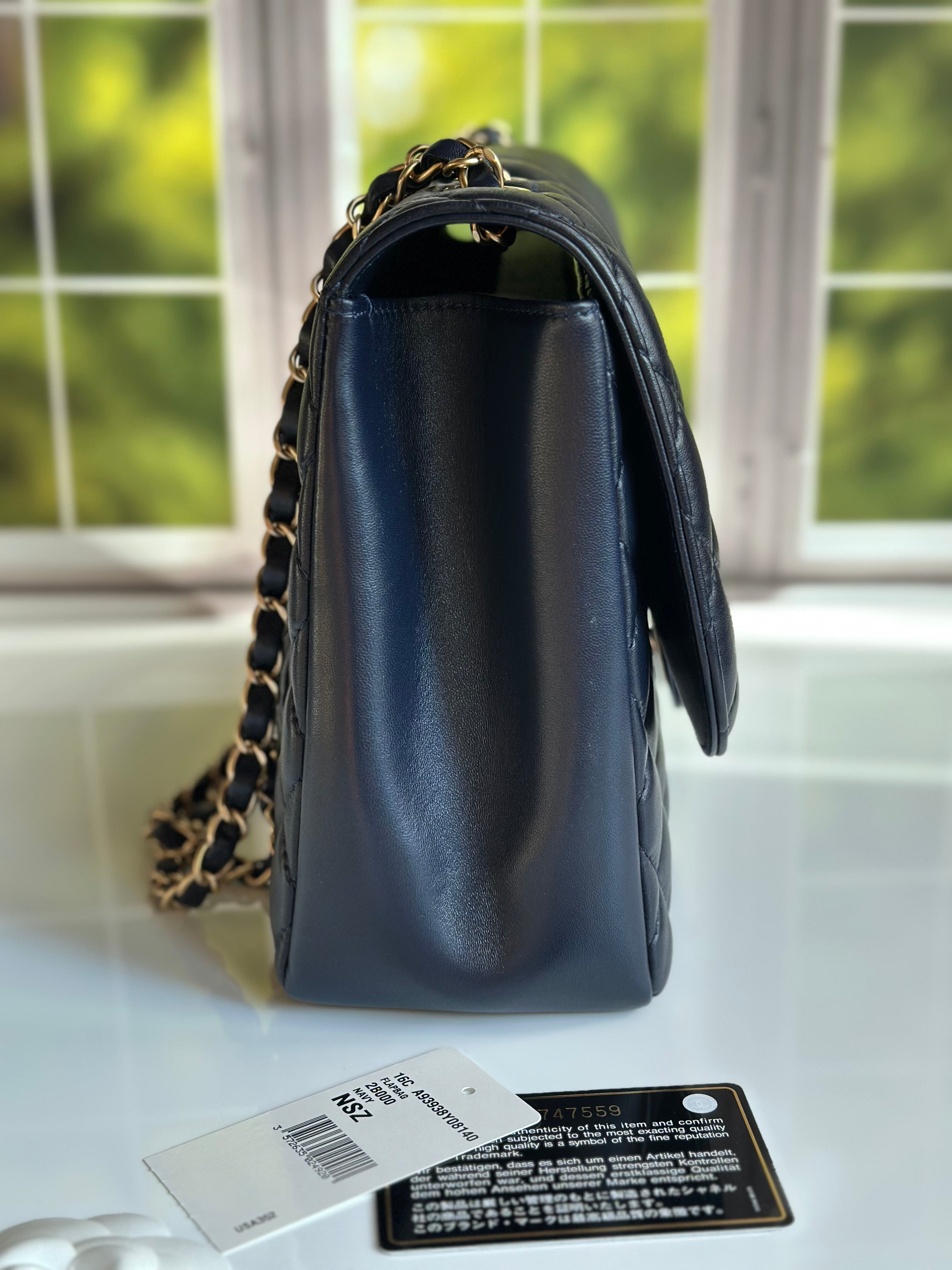 2016 Chanel Mademoiselle Chic Flap Navy Blue Lambskin and Satin Aged Gold Hardware