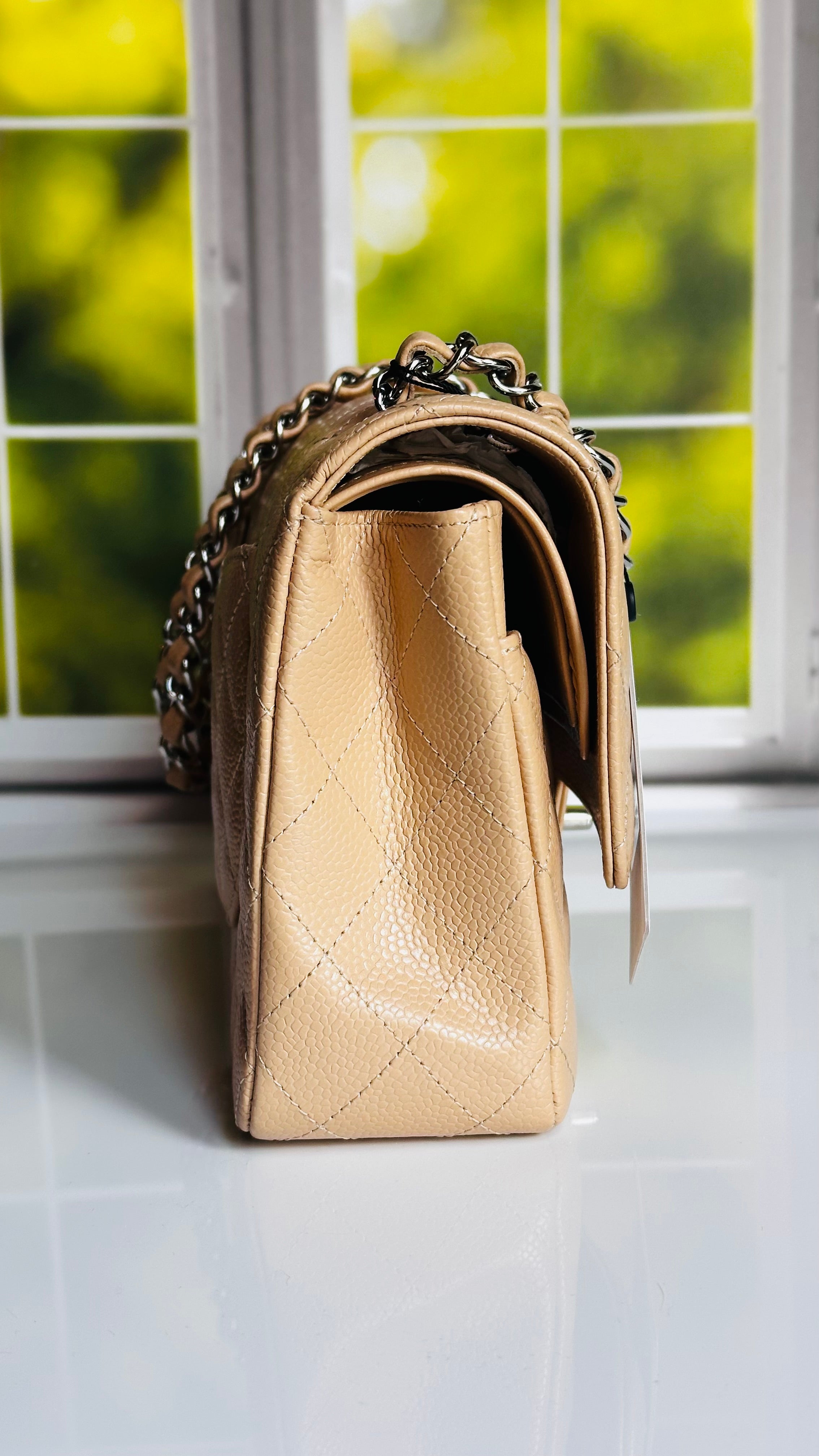 2022 Chanel Medium Classic Flap Beige Clair Caviar SHW