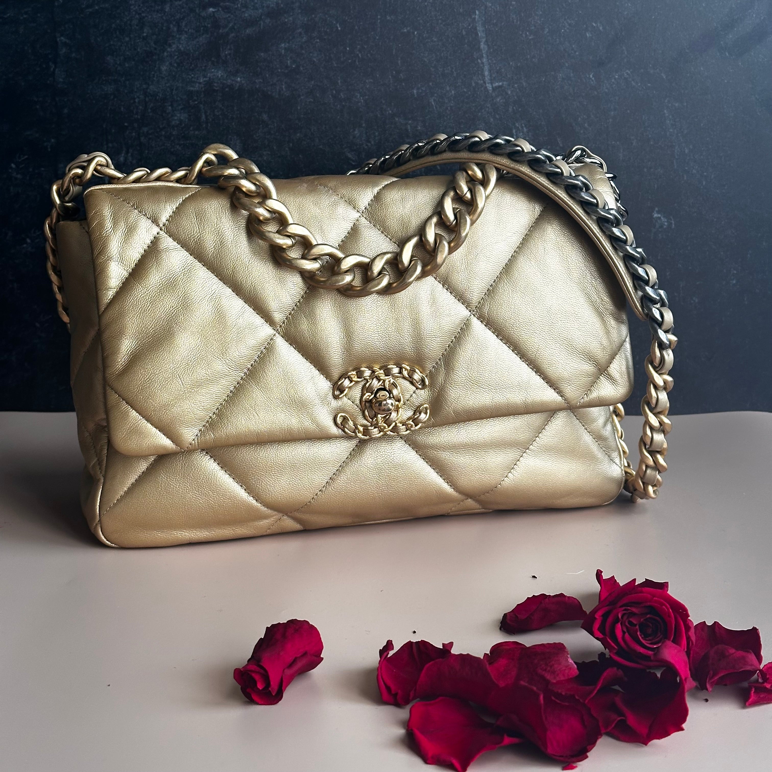20B Chanel Medium-Large 19 Flap Metallic Gold Goatskin Mix Hardware and Cotton Linings