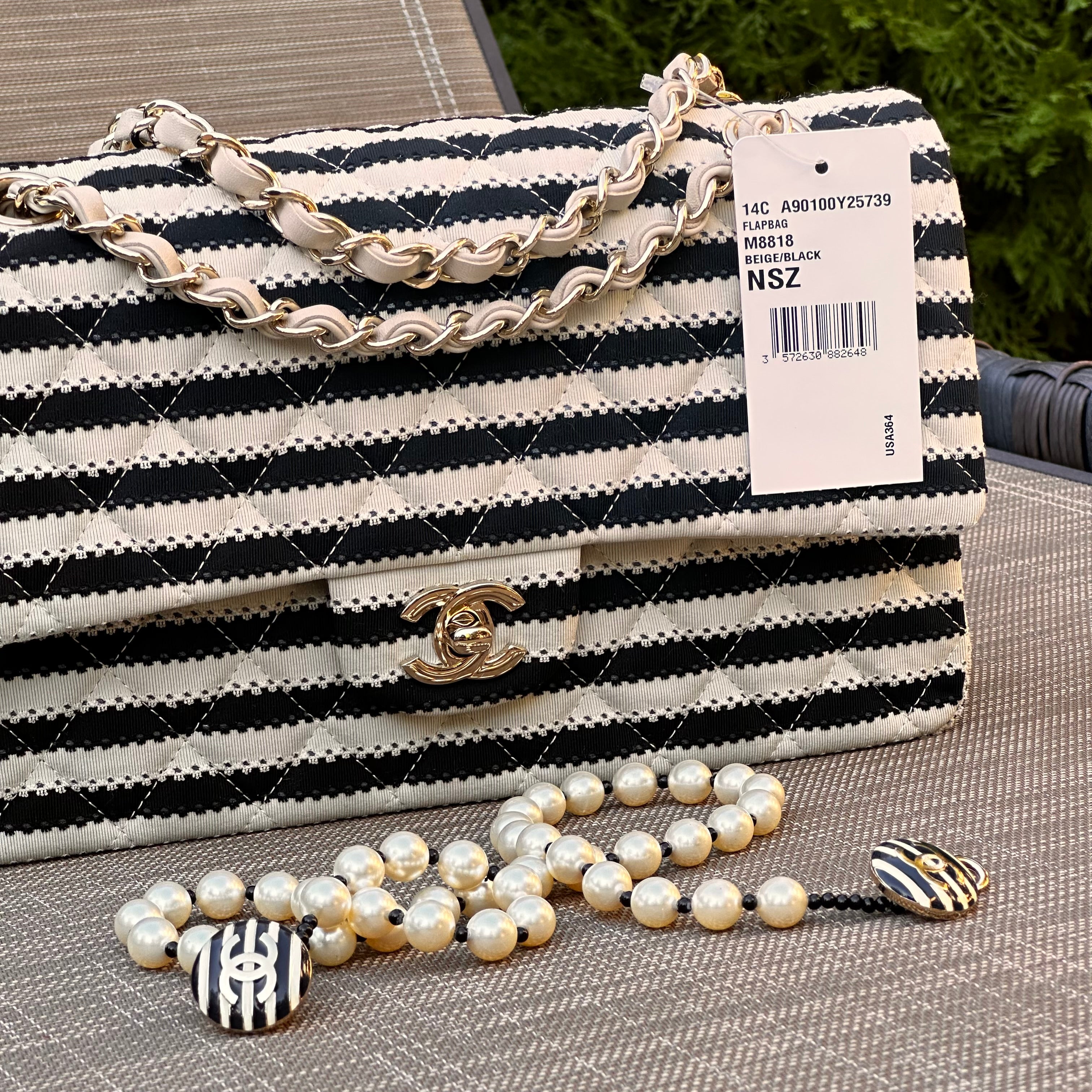 2014 Chanel Medium Flap Beige & Black Jersey LGHW