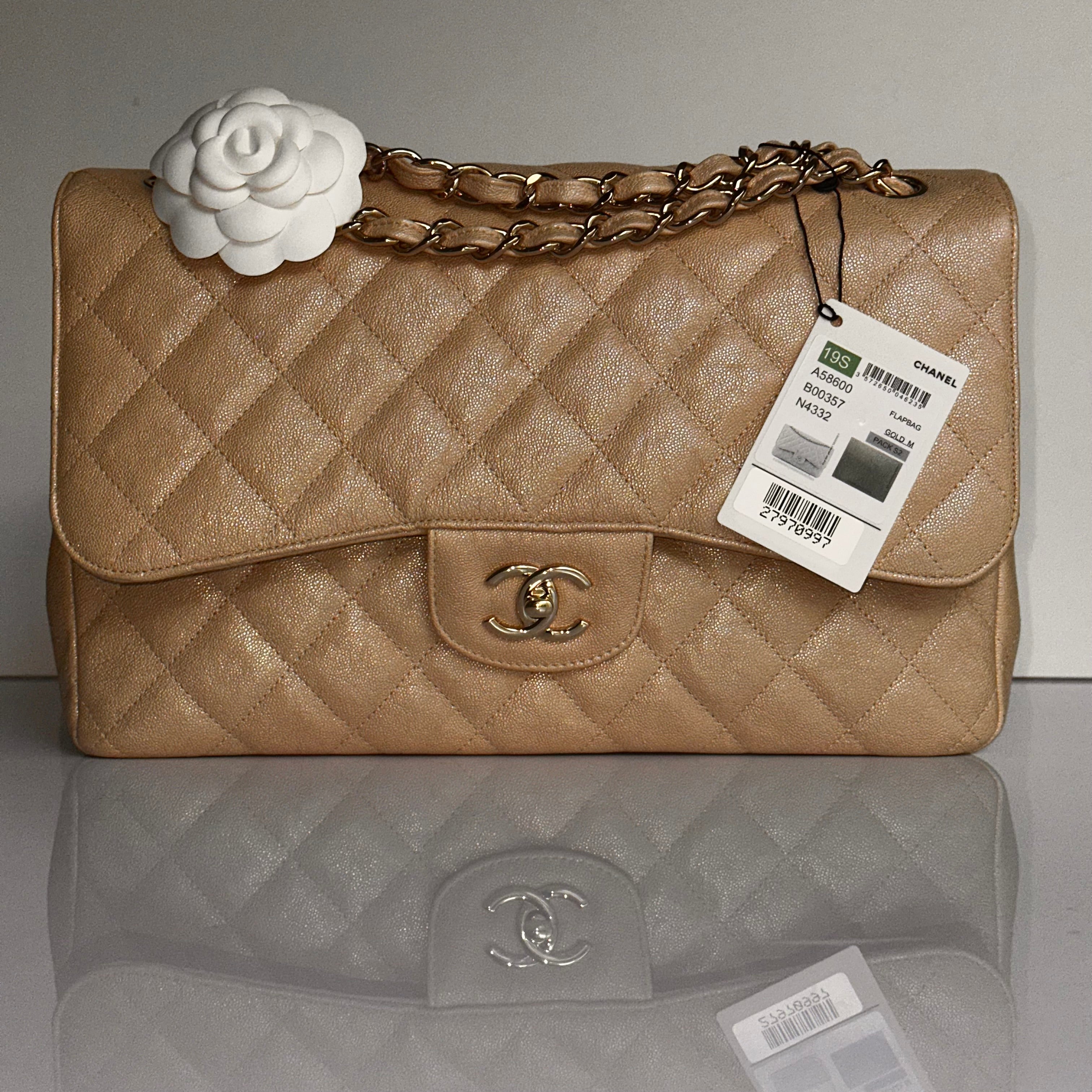 19S Chanel Timeless Classic Jumbo Iridescent Beige Caviar LGHW