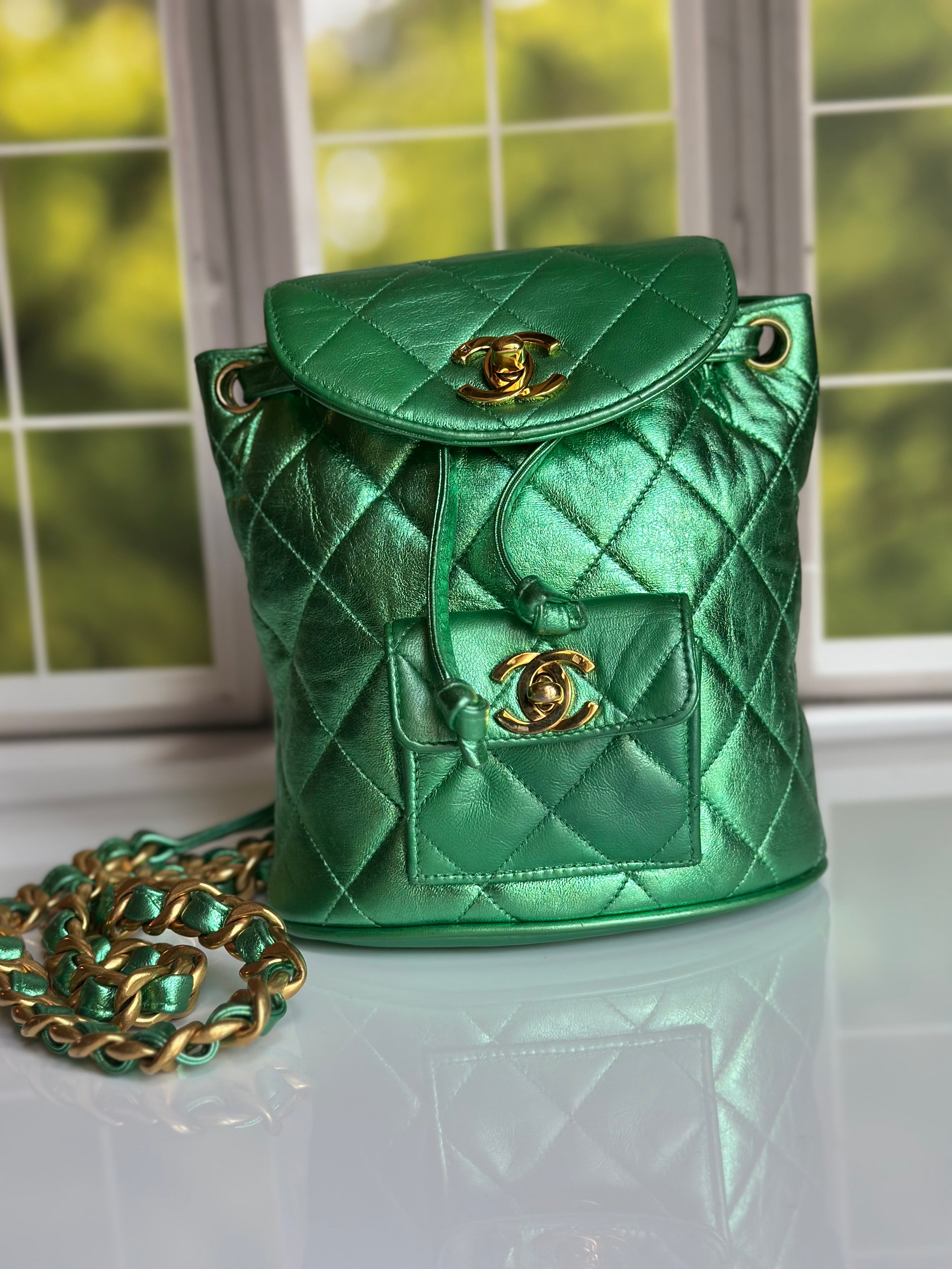 1994 Chanel Mini Duma Backpack Metallic Green Lambskin & 24K Gold Plated Hardware