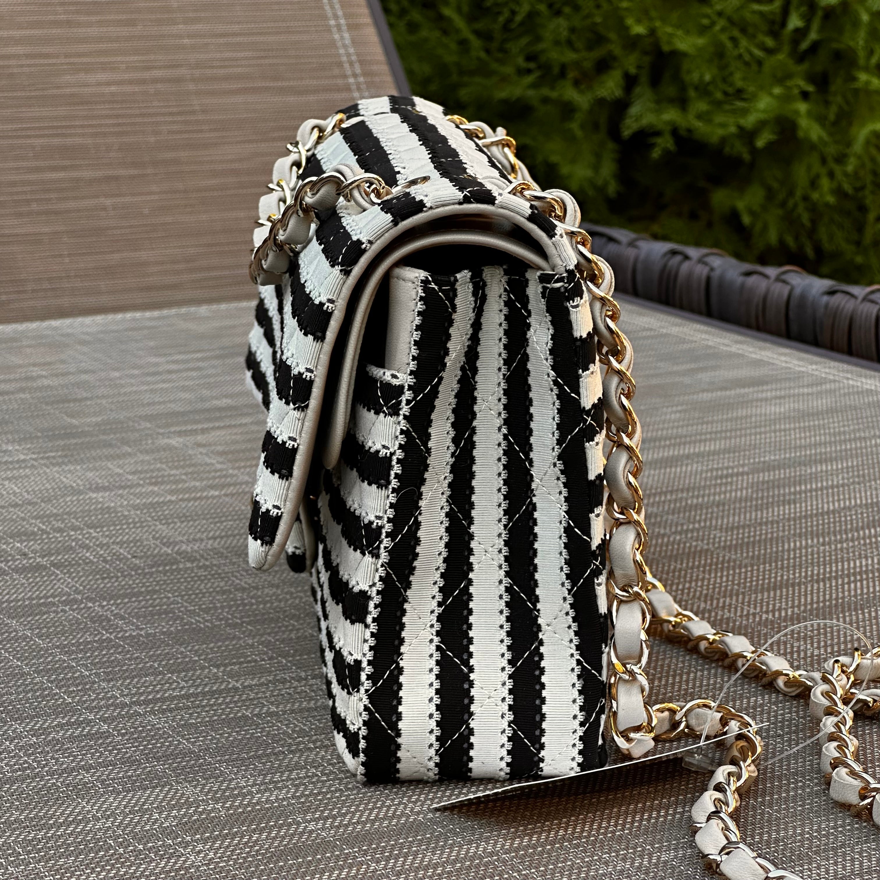 2014 Chanel Medium Flap Beige & Black Jersey LGHW