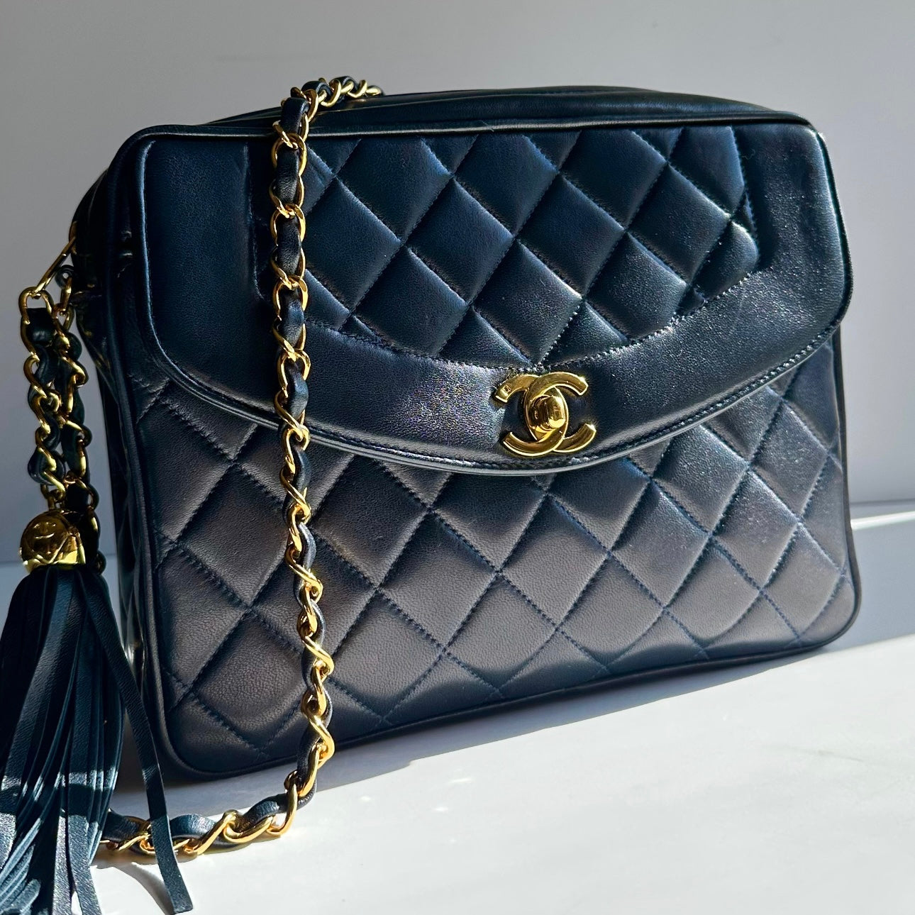 1995 Chanel Vintage Camera Case W/Tassels Midnight Blue 24K GHW