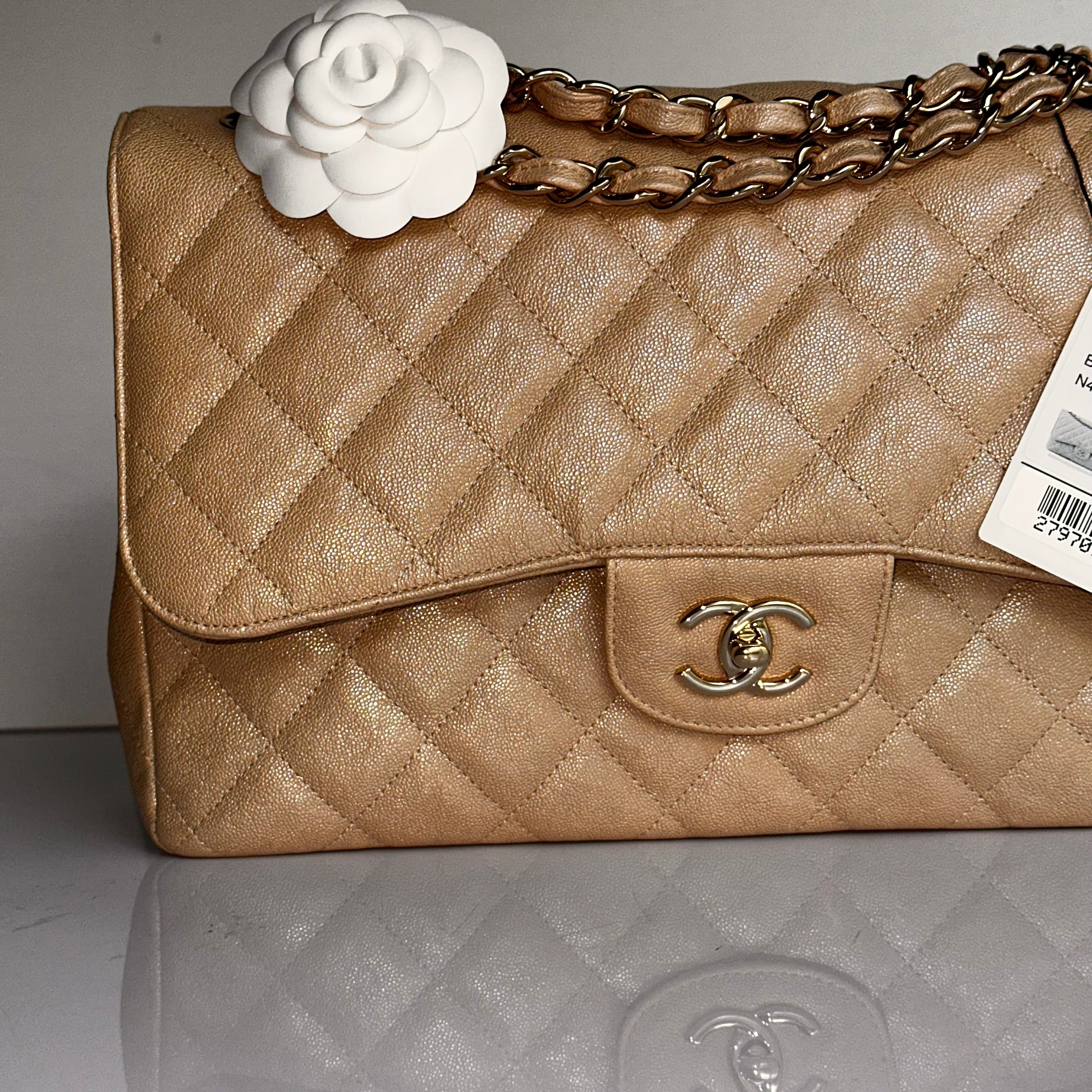 19S Chanel Timeless Classic Jumbo Iridescent Beige Caviar LGHW