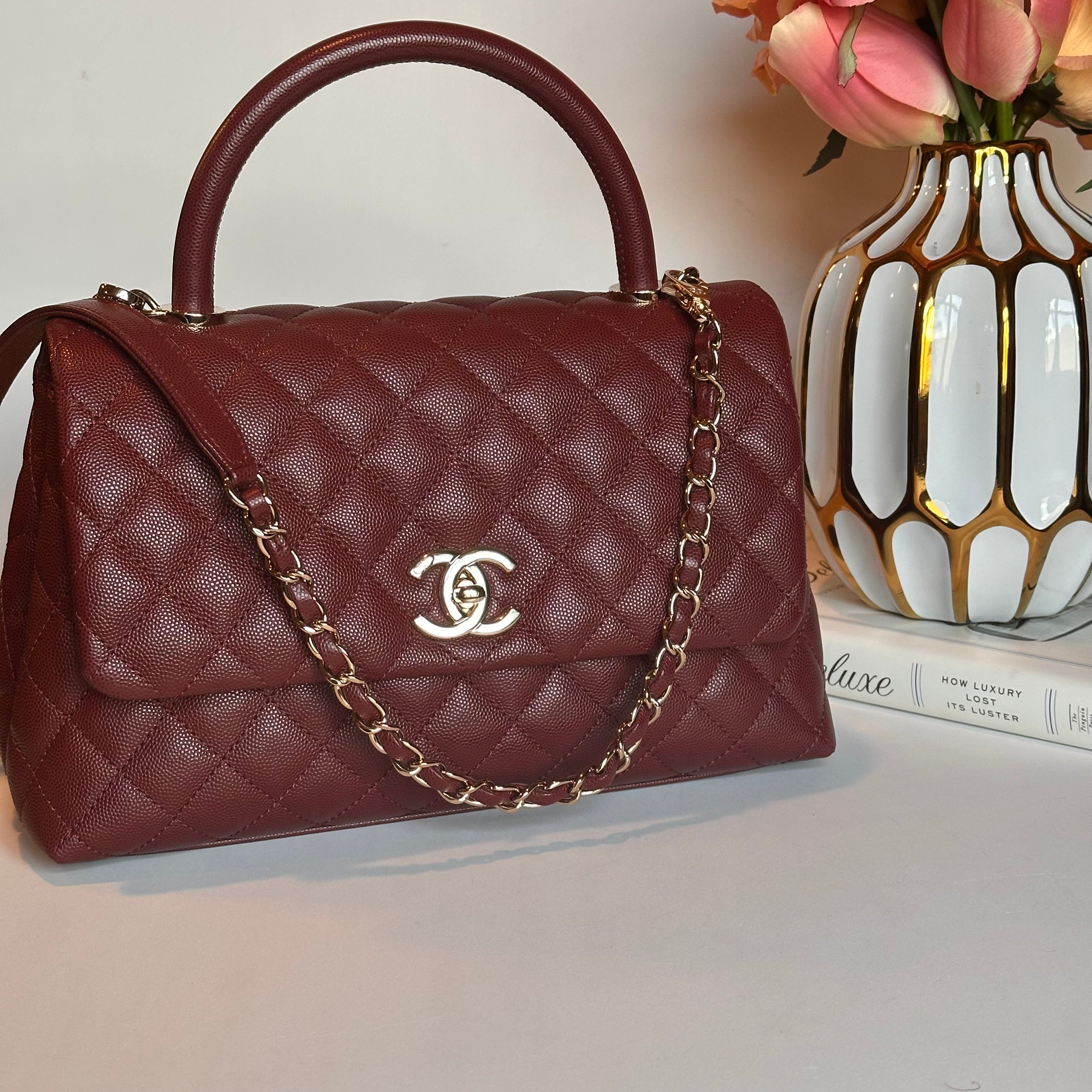 20K CHANEL Coco Top Handle Medium Flap Burgundy Caviar LGHW