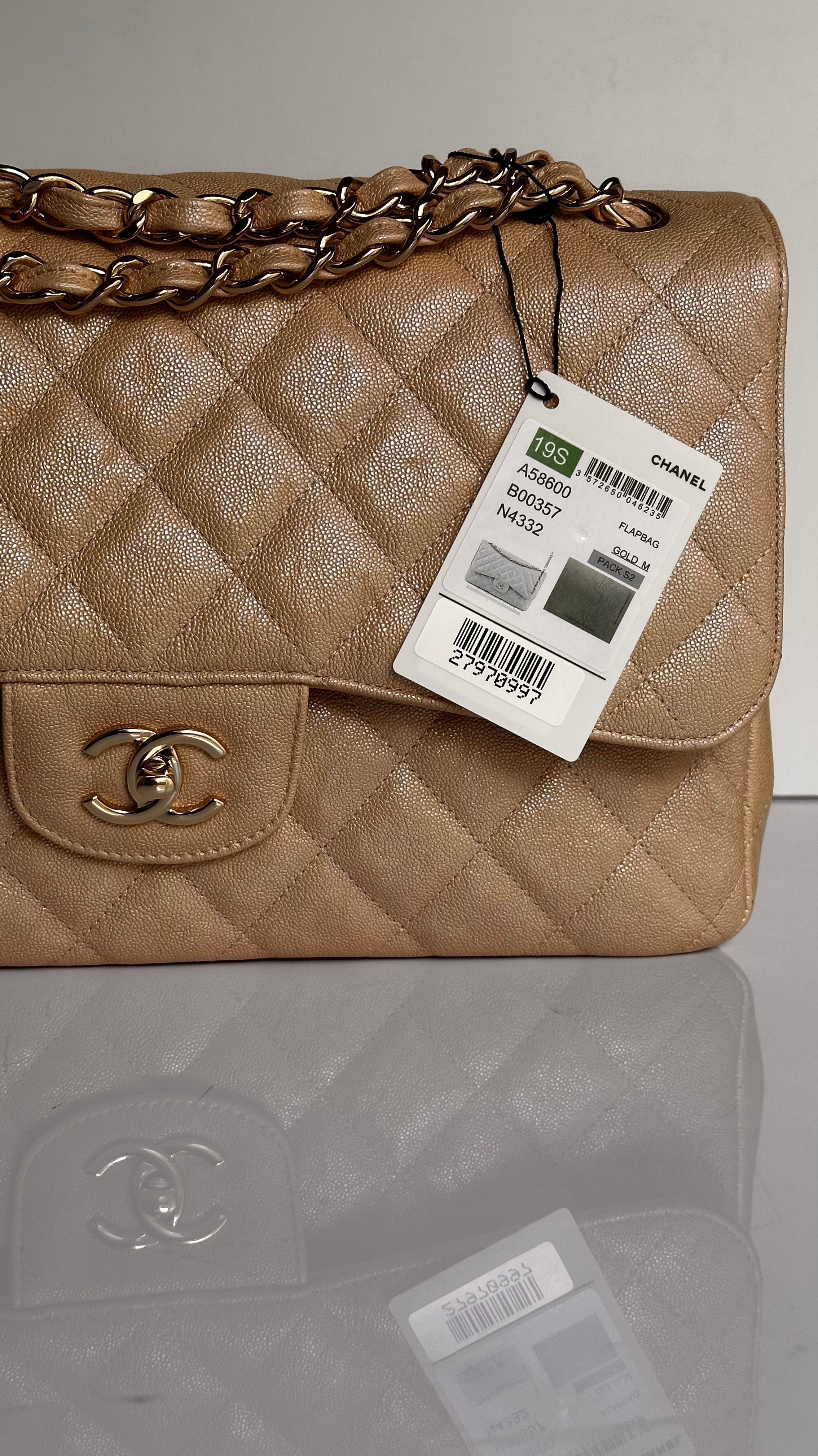 19S Chanel Timeless Classic Jumbo Iridescent Beige Caviar LGHW