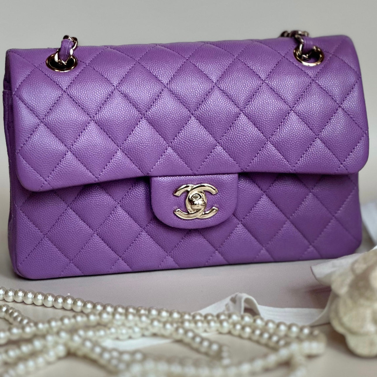 22S Chanel Small Classic Double Flap Light Purple Caviar LGHW