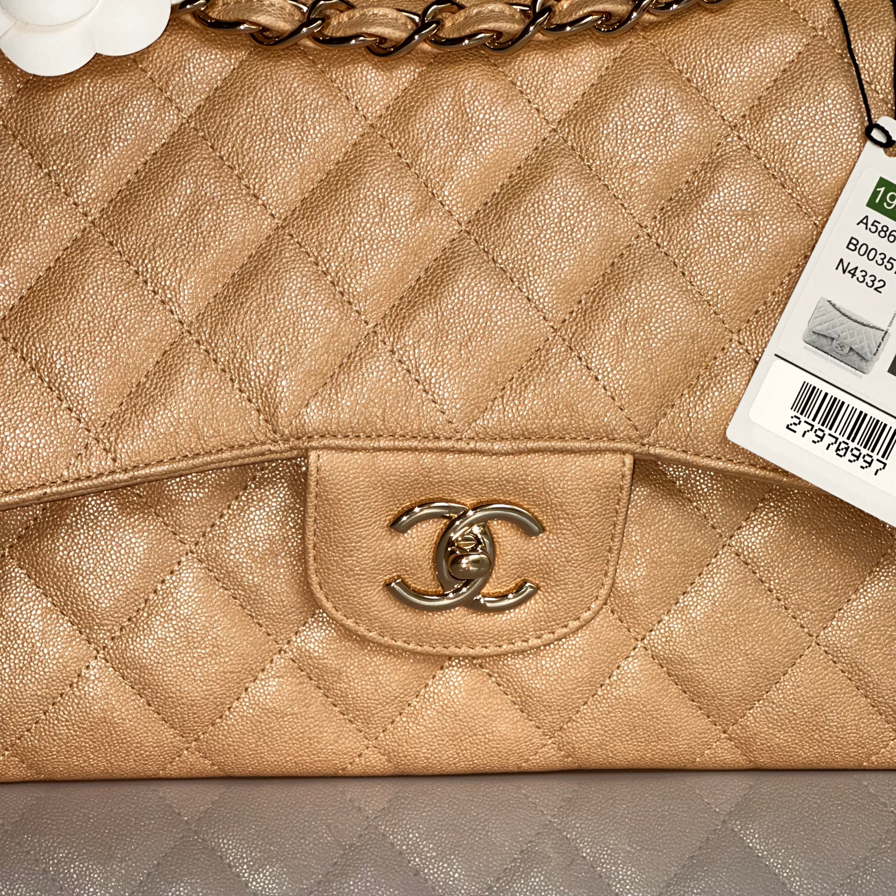 19S Chanel Timeless Classic Jumbo Iridescent Beige Caviar LGHW