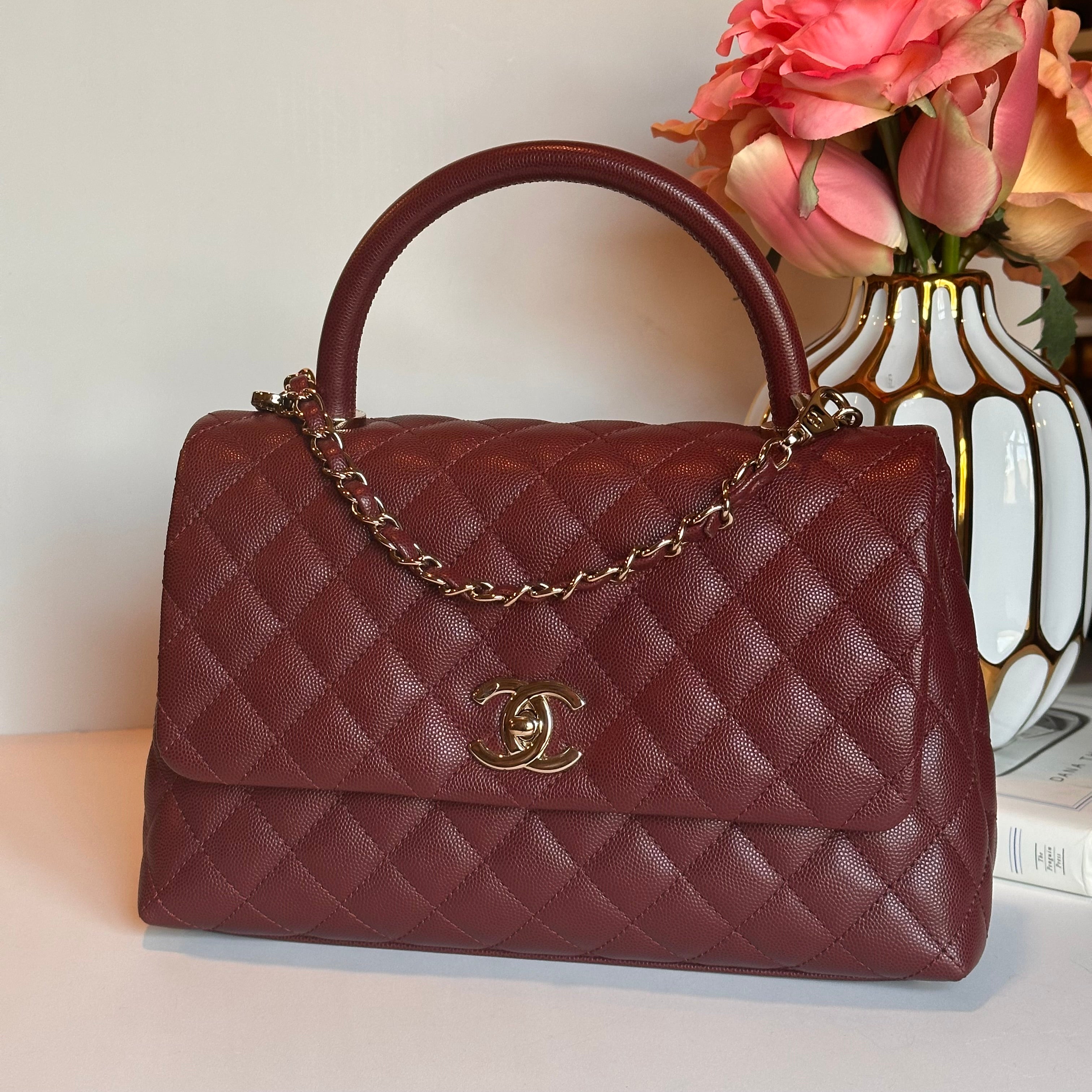 20K CHANEL Coco Top Handle Medium Flap Burgundy Caviar LGHW